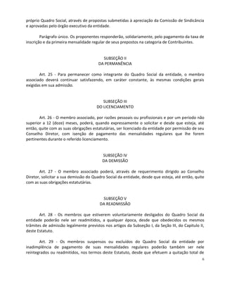 próprio Quadro Social, através de propostas submetidas à apreciação da Comissão de Sindicância
e aprovadas pelo órgão executivo da entidade.

        Parágrafo único. Os proponentes responderão, solidariamente, pelo pagamento da taxa de
inscrição e da primeira mensalidade regular de seus prepostos na categoria de Contribuintes.


                                         SUBSEÇÃO II
                                       DA PERMANÊNCIA

       Art. 25 - Para permanecer como integrante do Quadro Social da entidade, o membro
associado deverá continuar satisfazendo, em caráter constante, às mesmas condições gerais
exigidas em sua admissão.


                                         SUBSEÇÃO III
                                      DO LICENCIAMENTO

       Art. 26 - O membro associado, por razões pessoais ou profissionais e por um período não
superior a 12 (doze) meses, poderá, quando expressamente o solicitar e desde que esteja, até
então, quite com as suas obrigações estatutárias, ser licenciado da entidade por permissão de seu
Conselho Diretor, com isenção de pagamento das mensalidades regulares que lhe forem
pertinentes durante o referido licenciamento.


                                         SUBSEÇÃO IV
                                         DA DEMISSÃO

       Art. 27 - O membro associado poderá, através de requerimento dirigido ao Conselho
Diretor, solicitar a sua demissão do Quadro Social da entidade, desde que esteja, até então, quite
com as suas obrigações estatutárias.


                                         SUBSEÇÃO V
                                        DA READMISSÃO

       Art. 28 - Os membros que estiverem voluntariamente desligados do Quadro Social da
entidade poderão nele ser readmitidos, a qualquer época, desde que obedecidos os mesmos
trâmites de admissão legalmente previstos nos artigos da Subseção I, da Seção III, do Capitulo II,
deste Estatuto.

       Art. 29 - Os membros suspensos ou excluídos do Quadro Social da entidade por
inadimplência de pagamento de suas mensalidades regulares poderão também ser nele
reintegrados ou readmitidos, nos termos deste Estatuto, desde que efetuem a quitação total de
                                                                                                 6
 