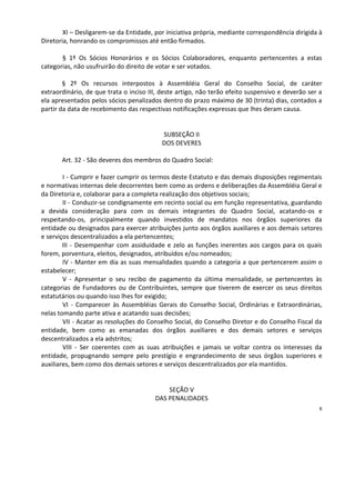 XI – Desligarem-se da Entidade, por iniciativa própria, mediante correspondência dirigida à
Diretoria, honrando os compromissos até então firmados.

       § 1º Os Sócios Honorários e os Sócios Colaboradores, enquanto pertencentes a estas
categorias, não usufruirão do direito de votar e ser votados.

        § 2º Os recursos interpostos à Assembléia Geral do Conselho Social, de caráter
extraordinário, de que trata o inciso III, deste artigo, não terão efeito suspensivo e deverão ser a
ela apresentados pelos sócios penalizados dentro do prazo máximo de 30 (trinta) dias, contados a
partir da data de recebimento das respectivas notificações expressas que lhes deram causa.


                                           SUBSEÇÃO II
                                           DOS DEVERES

       Art. 32 - São deveres dos membros do Quadro Social:

        I - Cumprir e fazer cumprir os termos deste Estatuto e das demais disposições regimentais
e normativas internas dele decorrentes bem como as ordens e deliberações da Assembléia Geral e
da Diretoria e, colaborar para a completa realização dos objetivos sociais;
        II - Conduzir-se condignamente em recinto social ou em função representativa, guardando
a devida consideração para com os demais integrantes do Quadro Social, acatando-os e
respeitando-os, principalmente quando investidos de mandatos nos órgãos superiores da
entidade ou designados para exercer atribuições junto aos órgãos auxiliares e aos demais setores
e serviços descentralizados a ela pertencentes;
        III - Desempenhar com assiduidade e zelo as funções inerentes aos cargos para os quais
forem, porventura, eleitos, designados, atribuídos e/ou nomeados;
        IV - Manter em dia as suas mensalidades quando a categoria a que pertencerem assim o
estabelecer;
        V - Apresentar o seu recibo de pagamento da última mensalidade, se pertencentes às
categorias de Fundadores ou de Contribuintes, sempre que tiverem de exercer os seus direitos
estatutários ou quando isso lhes for exigido;
        VI - Comparecer às Assembléias Gerais do Conselho Social, Ordinárias e Extraordinárias,
nelas tomando parte ativa e acatando suas decisões;
        VII - Acatar as resoluções do Conselho Social, do Conselho Diretor e do Conselho Fiscal da
entidade, bem como as emanadas dos órgãos auxiliares e dos demais setores e serviços
descentralizados a ela adstritos;
        VIII - Ser coerentes com as suas atribuições e jamais se voltar contra os interesses da
entidade, propugnando sempre pelo prestígio e engrandecimento de seus órgãos superiores e
auxiliares, bem como dos demais setores e serviços descentralizados por ela mantidos.


                                            SEÇÃO V
                                        DAS PENALIDADES
                                                                                                  8
 