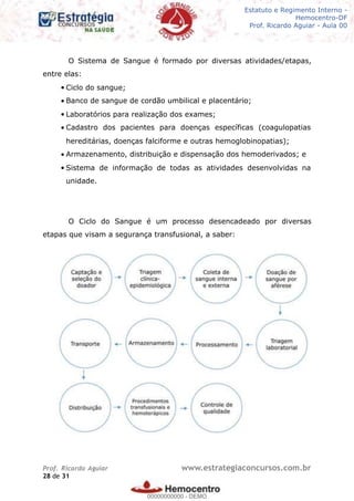 Legislação - Hemocentro-DF
Teoria e exercícios comentados
Prof. Fulano de Tal – Aula 00
O Sistema de Sangue é formado por diversas atividades/etapas,
entre elas:
• Ciclo do sangue;
• Banco de sangue de cordão umbilical e placentário;
• Laboratórios para realização dos exames;
• Cadastro dos pacientes para doenças específicas (coagulopatias
hereditárias, doenças falciforme e outras hemoglobinopatias);
• Armazenamento, distribuição e dispensação dos hemoderivados; e
• Sistema de informação de todas as atividades desenvolvidas na
unidade.
O Ciclo do Sangue é um processo desencadeado por diversas
etapas que visam a segurança transfusional, a saber:
Prof. Ricardo Aguiar www.estrategiaconcursos.com.br
de28 31
Estatuto e Regimento Interno -
Hemocentro-DF
Prof. Ricardo Aguiar - Aula 00
00000000000
00000000000 - DEMO
 