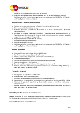 118
l. Índices de rotación y entrevistas de salida de personal;
m. Programa de promoción de la salud ocupacional para los servidores públicos internos;
Políticas, manuales, instructivos y reglamentos internos del personal del Código del Trabajo y
de la Ley Orgánica de Servicio Público.
Remuneraciones e ingresos complementarios
a. Reporte de remuneración mensual unificada e ingresos complementarios;
b. Base de datos actualizada de personal;
c. Numérico posicional y distributivo de sueldos de su nivel y consolidación de niveles
desconcentrados;
d. Acciones de Personal elaboradas, legalizadas y registradas en el Sistema Informático de
Talento Humano (movimientos de personal: nombramientos, contratos, creación, supresión
de puestos, renuncias, pasantías y otros);
e. Registros del Sistema Informático de Nómina;
f. Control de permanencia de personal;
g. Informe de jornadas especiales;
h. Políticas, manuales, instructivos y reglamentos internos del personal del Código del Trabajo y
de la Ley Orgánica de Servicio Público.
Régimen Disciplinario
a. Informes Técnicos referentes al régimen disciplinario;
b. Resoluciones referentes al régimen disciplinario;
c. Informe de sanciones disciplinarias por sumarios administrativos;
d. Sumarios administrativos;
e. Informe de absolución de consultas relacionadas al Talento Humano;
f. Informe de sanciones a nivel nacional;
g. Formatos de informes, contratos, comisiones, acciones de personal;
h. Políticas, manuales, instructivos y reglamentos internos del personal del código del trabajo y
de la Ley Orgánica de Servicio Público
Formación y Desarrollo
a. Cronogramas de Capacitación Institucional;
b. Plan Anual de Capacitación Institucional;
c. Manuales de Capacitación en función de la normativa legal vigente;
d. Capacitaciones en coordinación con las instancias respectivas del Ministerio de Salud Pública;
e. Informes de personal capacitado y desarrollado acorde a estándares nacionales e
internacionales;
f. Políticas, manuales, instructivos y reglamentos internos del personal del Código del Trabajo y
de la Ley Orgánica de Servicio Público.
Unidad Responsable: Dirección Nacional Financiera
Misión: Suministrar en forma ágil y oportuna los recursos financieros requeridos para la ejecución de
los planes, programas y proyectos institucionales con eficiencia y transparencia.
Responsable: Director/a Nacional Financiera
 