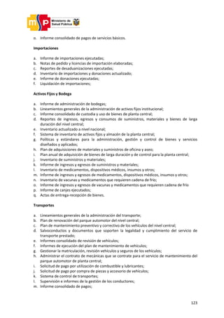 123
o. Informe consolidado de pagos de servicios básicos.
Importaciones
a. Informe de importaciones ejecutadas;
b. Notas de pedido y licencias de importación elaboradas;
c. Reportes de desaduanizaciones ejecutadas;
d. Inventario de importaciones y donaciones actualizado;
e. Informe de donaciones ejecutadas;
f. Liquidación de importaciones;
Activos Fijos y Bodega
a. Informe de administración de bodegas;
b. Lineamientos generales de la administración de activos fijos institucional;
c. Informe consolidado de custodia y uso de bienes de planta central;
d. Reportes de ingresos, egresos y consumos de suministros, materiales y bienes de larga
duración del nivel central;
e. Inventario actualizado a nivel nacional;
f. Sistema de inventario de activos fijos y almacén de la planta central;
g. Políticas y estándares para la administración, gestión y control de bienes y servicios
diseñados y aplicados;
h. Plan de adquisiciones de materiales y suministros de oficina y aseo;
i. Plan anual de adquisición de bienes de larga duración y de control para la planta central;
j. Inventario de suministros y materiales;
k. Informe de ingresos y egresos de suministros y materiales;
l. Inventario de medicamentos, dispositivos médicos, insumos y otros;
m. Informe de ingresos y egresos de medicamentos, dispositivos médicos, insumos y otros;
n. Inventario de vacunas y medicamentos que requieren cadena de frío;
o. Informe de ingresos y egresos de vacunas y medicamentos que requieren cadena de frío
p. Informe de canjes ejecutados;
q. Actas de entrega-recepción de bienes.
Transportes
a. Lineamientos generales de la administración del transporte;
b. Plan de renovación del parque automotor del nivel central;
c. Plan de mantenimiento preventivo y correctivo de los vehículos del nivel central;
d. Salvoconductos y documentos que soporten la legalidad y cumplimiento del servicio de
transporte prestado;
e. Informes consolidado de revisión de vehículos;
f. Informes de ejecución del plan de mantenimiento de vehículos;
g. Gestionar la matriculación, revisión vehículos y seguros de los vehículos;
h. Administrar el contrato de mecánicas que se contrate para el servicio de mantenimiento del
parque automotor de planta central;
i. Solicitud de pago por utilización de combustible y lubricantes;
j. Solicitud de pago por compra de piezas y accesorio de vehículos;
k. Sistema de control de transportes;
l. Supervisión e informes de la gestión de los conductores;
m. Informe consolidado de pagos;
 