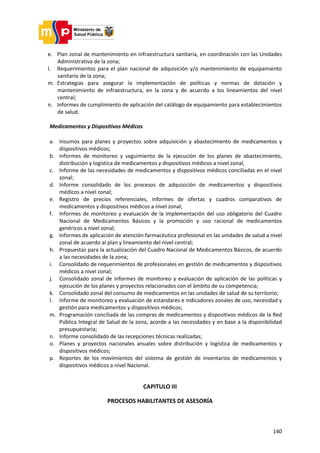 140
e. Plan zonal de mantenimiento en infraestructura sanitaria, en coordinación con las Unidades
Administrativa de la zona;
l. Requerimientos para el plan nacional de adquisición y/o mantenimiento de equipamiento
sanitario de la zona;
m. Estrategias para asegurar la implementación de políticas y normas de dotación y
mantenimiento de infraestructura, en la zona y de acuerdo a los lineamientos del nivel
central;
n. Informes de cumplimiento de aplicación del catálogo de equipamiento para establecimientos
de salud.
Medicamentos y Dispositivos Médicos
a. Insumos para planes y proyectos sobre adquisición y abastecimiento de medicamentos y
dispositivos médicos;
b. Informes de monitoreo y seguimiento de la ejecución de los planes de abastecimiento,
distribución y logística de medicamentos y dispositivos médicos a nivel zonal,
c. Informe de las necesidades de medicamentos y dispositivos médicos conciliadas en el nivel
zonal;
d. Informe consolidado de los procesos de adquisición de medicamentos y dispositivos
médicos a nivel zonal;
e. Registro de precios referenciales, informes de ofertas y cuadros comparativos de
medicamentos y dispositivos médicos a nivel zonal;
f. Informes de monitoreo y evaluación de la implementación del uso obligatorio del Cuadro
Nacional de Medicamentos Básicos y la promoción y uso racional de medicamentos
genéricos a nivel zonal;
g. Informes de aplicación de atención farmacéutica profesional en las unidades de salud a nivel
zonal de acuerdo al plan y lineamiento del nivel central;
h. Propuestas para la actualización del Cuadro Nacional de Medicamentos Básicos, de acuerdo
a las necesidades de la zona;
i. Consolidado de requerimientos de profesionales en gestión de medicamentos y dispositivos
médicos a nivel zonal;
j. Consolidado zonal de informes de monitoreo y evaluación de aplicación de las políticas y
ejecución de los planes y proyectos relacionados con el ámbito de su competencia;
k. Consolidado zonal del consumo de medicamentos en las unidades de salud de su territorio;
l. Informe de monitoreo y evaluación de estándares e indicadores zonales de uso, necesidad y
gestión para medicamentos y dispositivos médicos;
m. Programación conciliada de las compras de medicamentos y dispositivos médicos de la Red
Pública Integral de Salud de la zona, acorde a las necesidades y en base a la disponibilidad
presupuestaria;
n. Informe consolidado de las recepciones técnicas realizadas;
o. Planes y proyectos nacionales anuales sobre distribución y logística de medicamentos y
dispositivos médicos;
p. Reportes de los movimientos del sistema de gestión de inventarios de medicamentos y
dispositivos médicos a nivel Nacional.
CAPITULO III
PROCESOS HABILITANTES DE ASESORÍA
 
