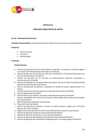 163
CAPITULO IV
PROCESOS HABILITANTES DE APOYO
Art.45.- Administrativo Financiero
Unidad/es Responsable/s: Gestiones Distritales de Talento Humano, Financiero y Administrativo.
Gestiones:
 Talento Humano
 Financiero
 Administrativo
Productos:
Talento Humano
a. Informe de ejecución de concursos de méritos y oposición de acuerdo a normativa vigente
en los entes administrativos que están bajo su jurisdicción;
b. Informe de ejecución de procesos de selección y contratación de Servicios Ocasionales y de
Servicios Profesionales en el distrito;
c. Informe de ejecución de los procesos de Reclutamiento, Selección contratación y
nombramiento en el distrito;
d. Informe de validación de los requerimientos de talento humano en base a la planificación del
talento humano institucional del distrito;
e. Informe de aplicación de políticas y estándares de cambio de cultura organizacional en el
distrito;
f. Informe de ejecución de los programas de inducción de personal en el distrito;
g. Lista de asignaciones del distrito;
h. Informe técnico para creación, supresión y optimización de puestos del distrito;
i. Informe consolidado del Proceso de Evaluación de Desempeño de los entes administrativos
bajo su jurisdicción;
j. Base de datos de la calificación de Evaluación;
k. Planes de Carrera del distrito;
l. Informe de ejecución de políticas y normas en Talento Humano, regidos por la Dirección
Nacional de Talento Humano;
m. Orgánico Posicional del distrito y de los entes administrativos sujetos a su jurisdicción;
n. Informe de aplicación de plan de salud ocupacional del distrito;
o. Informe de ejecución de atención a casos sociales del distrito;
p. Informe de ejecución del Programa de prevención médico-dental del distrito;
q. Informe de aplicación de los beneficios establecidos por la normativa vigente del distrito;
 