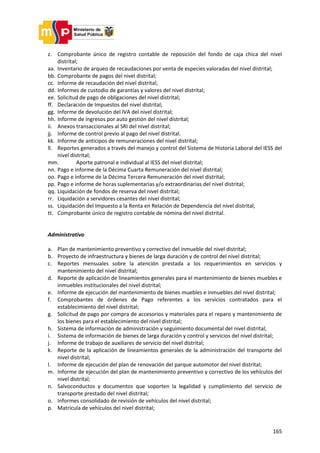 165
z. Comprobante único de registro contable de reposición del fondo de caja chica del nivel
distrital;
aa. Inventario de arqueo de recaudaciones por venta de especies valoradas del nivel distrital;
bb. Comprobante de pagos del nivel distrital;
cc. Informe de recaudación del nivel distrital;
dd. Informes de custodio de garantías y valores del nivel distrital;
ee. Solicitud de pago de obligaciones del nivel distrital;
ff. Declaración de Impuestos del nivel distrital;
gg. Informe de devolución del IVA del nivel distrital;
hh. Informe de ingresos por auto gestión del nivel distrital;
ii. Anexos transaccionales al SRI del nivel distrital;
jj. Informe de control previo al pago del nivel distrital.
kk. Informe de anticipos de remuneraciones del nivel distrital;
ll. Reportes generados a través del manejo y control del Sistema de Historia Laboral del IESS del
nivel distrital;
mm. Aporte patronal e individual al IESS del nivel distrital;
nn. Pago e informe de la Décima Cuarta Remuneración del nivel distrital;
oo. Pago e informe de la Décima Tercera Remuneración del nivel distrital;
pp. Pago e informe de horas suplementarias y/o extraordinarias del nivel distrital;
qq. Liquidación de fondos de reserva del nivel distrital;
rr. Liquidación a servidores cesantes del nivel distrital;
ss. Liquidación del Impuesto a la Renta en Relación de Dependencia del nivel distrital;
tt. Comprobante único de registro contable de nómina del nivel distrital.
Administrativo
a. Plan de mantenimiento preventivo y correctivo del inmueble del nivel distrital;
b. Proyecto de infraestructura y bienes de larga duración y de control del nivel distrital;
c. Reportes mensuales sobre la atención prestada a los requerimientos en servicios y
mantenimiento del nivel distrital;
d. Reporte de aplicación de lineamientos generales para el mantenimiento de bienes muebles e
inmuebles institucionales del nivel distrital;
e. Informe de ejecución del mantenimiento de bienes muebles e inmuebles del nivel distrital;
f. Comprobantes de órdenes de Pago referentes a los servicios contratados para el
establecimiento del nivel distrital;
g. Solicitud de pago por compra de accesorios y materiales para el reparo y mantenimiento de
los bienes para el establecimiento del nivel distrital;
h. Sistema de información de administración y seguimiento documental del nivel distrital;
i. Sistema de información de bienes de larga duración y control y servicios del nivel distrital;
j. Informe de trabajo de auxiliares de servicio del nivel distrital;
k. Reporte de la aplicación de lineamientos generales de la administración del transporte del
nivel distrital;
l. Informe de ejecución del plan de renovación del parque automotor del nivel distrital;
m. Informe de ejecución del plan de mantenimiento preventivo y correctivo de los vehículos del
nivel distrital;
n. Salvoconductos y documentos que soporten la legalidad y cumplimiento del servicio de
transporte prestado del nivel distrital;
o. Informes consolidado de revisión de vehículos del nivel distrital;
p. Matrícula de vehículos del nivel distrital;
 