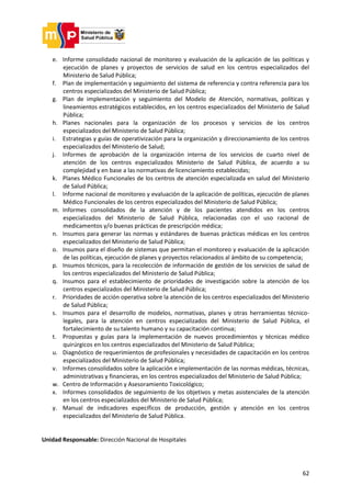 62
e. Informe consolidado nacional de monitoreo y evaluación de la aplicación de las políticas y
ejecución de planes y proyectos de servicios de salud en los centros especializados del
Ministerio de Salud Pública;
f. Plan de implementación y seguimiento del sistema de referencia y contra referencia para los
centros especializados del Ministerio de Salud Pública;
g. Plan de implementación y seguimiento del Modelo de Atención, normativas, políticas y
lineamientos estratégicos establecidos, en los centros especializados del Ministerio de Salud
Pública;
h. Planes nacionales para la organización de los procesos y servicios de los centros
especializados del Ministerio de Salud Pública;
i. Estrategias y guías de operativización para la organización y direccionamiento de los centros
especializados del Ministerio de Salud;
j. Informes de aprobación de la organización interna de los servicios de cuarto nivel de
atención de los centros especializados Ministerio de Salud Pública, de acuerdo a su
complejidad y en base a las normativas de licenciamiento establecidas;
k. Planes Médico Funcionales de los centros de atención especializada en salud del Ministerio
de Salud Pública;
l. Informe nacional de monitoreo y evaluación de la aplicación de políticas, ejecución de planes
Médico Funcionales de los centros especializados del Ministerio de Salud Pública;
m. Informes consolidados de la atención y de los pacientes atendidos en los centros
especializados del Ministerio de Salud Pública, relacionadas con el uso racional de
medicamentos y/o buenas prácticas de prescripción médica;
n. Insumos para generar las normas y estándares de buenas prácticas médicas en los centros
especializados del Ministerio de Salud Pública;
o. Insumos para el diseño de sistemas que permitan el monitoreo y evaluación de la aplicación
de las políticas, ejecución de planes y proyectos relacionados al ámbito de su competencia;
p. Insumos técnicos, para la recolección de información de gestión de los servicios de salud de
los centros especializados del Ministerio de Salud Pública;
q. Insumos para el establecimiento de prioridades de investigación sobre la atención de los
centros especializados del Ministerio de Salud Pública;
r. Prioridades de acción operativa sobre la atención de los centros especializados del Ministerio
de Salud Pública;
s. Insumos para el desarrollo de modelos, normativas, planes y otras herramientas técnico-
legales, para la atención en centros especializados del Ministerio de Salud Pública, el
fortalecimiento de su talento humano y su capacitación continua;
t. Propuestas y guías para la implementación de nuevos procedimientos y técnicas médico
quirúrgicos en los centros especializados del Ministerio de Salud Pública;
u. Diagnóstico de requerimientos de profesionales y necesidades de capacitación en los centros
especializados del Ministerio de Salud Pública;
v. Informes consolidados sobre la aplicación e implementación de las normas médicas, técnicas,
administrativas y financieras, en los centros especializados del Ministerio de Salud Pública;
w. Centro de Información y Asesoramiento Toxicológico;
x. Informes consolidados de seguimiento de los objetivos y metas asistenciales de la atención
en los centros especializados del Ministerio de Salud Pública;
y. Manual de indicadores específicos de producción, gestión y atención en los centros
especializados del Ministerio de Salud Pública.
Unidad Responsable: Dirección Nacional de Hospitales
 