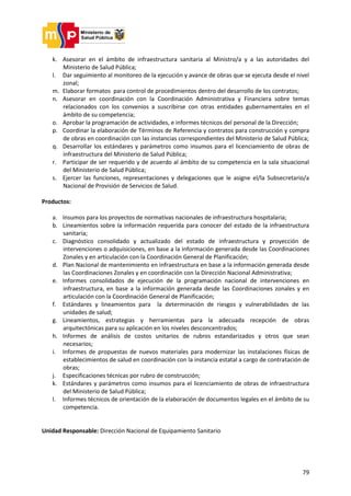 79
k. Asesorar en el ámbito de infraestructura sanitaria al Ministro/a y a las autoridades del
Ministerio de Salud Pública;
l. Dar seguimiento al monitoreo de la ejecución y avance de obras que se ejecuta desde el nivel
zonal;
m. Elaborar formatos para control de procedimientos dentro del desarrollo de los contratos;
n. Asesorar en coordinación con la Coordinación Administrativa y Financiera sobre temas
relacionados con los convenios a suscribirse con otras entidades gubernamentales en el
ámbito de su competencia;
o. Aprobar la programación de actividades, e informes técnicos del personal de la Dirección;
p. Coordinar la elaboración de Términos de Referencia y contratos para construcción y compra
de obras en coordinación con las instancias correspondientes del Ministerio de Salud Pública;
q. Desarrollar los estándares y parámetros como insumos para el licenciamiento de obras de
infraestructura del Ministerio de Salud Pública;
r. Participar de ser requerido y de acuerdo al ámbito de su competencia en la sala situacional
del Ministerio de Salud Pública;
s. Ejercer las funciones, representaciones y delegaciones que le asigne el/la Subsecretario/a
Nacional de Provisión de Servicios de Salud.
Productos:
a. Insumos para los proyectos de normativas nacionales de infraestructura hospitalaria;
b. Lineamientos sobre la información requerida para conocer del estado de la infraestructura
sanitaria;
c. Diagnóstico consolidado y actualizado del estado de infraestructura y proyección de
intervenciones o adquisiciones, en base a la información generada desde las Coordinaciones
Zonales y en articulación con la Coordinación General de Planificación;
d. Plan Nacional de mantenimiento en infraestructura en base a la información generada desde
las Coordinaciones Zonales y en coordinación con la Dirección Nacional Administrativa;
e. Informes consolidados de ejecución de la programación nacional de intervenciones en
infraestructura, en base a la información generada desde las Coordinaciones zonales y en
articulación con la Coordinación General de Planificación;
f. Estándares y lineamientos para la determinación de riesgos y vulnerabilidades de las
unidades de salud;
g. Lineamientos, estrategias y herramientas para la adecuada recepción de obras
arquitectónicas para su aplicación en los niveles desconcentrados;
h. Informes de análisis de costos unitarios de rubros estandarizados y otros que sean
necesarios;
i. Informes de propuestas de nuevos materiales para modernizar las instalaciones físicas de
establecimientos de salud en coordinación con la instancia estatal a cargo de contratación de
obras;
j. Especificaciones técnicas por rubro de construcción;
k. Estándares y parámetros como insumos para el licenciamiento de obras de infraestructura
del Ministerio de Salud Pública;
l. Informes técnicos de orientación de la elaboración de documentos legales en el ámbito de su
competencia.
Unidad Responsable: Dirección Nacional de Equipamiento Sanitario
 