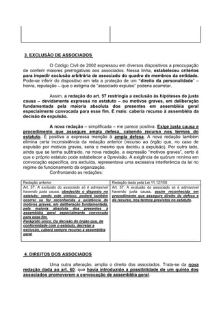 3. EXCLUSÃO DE ASSOCIADOS

             O Código Civil de 2002 expressou em diversos dispositivos a preocupação
de conferir maiores prerrogativas aos associados. Nessa linha, estabeleceu critérios
para impedir exclusão arbitrária de associado do quadro de membros da entidade.
Pode-se inferir do dispositivo em tela a proteção de um “direito da personalidade” –
honra, reputação – que o estigma de “associado expulso” poderia acarretar.

            Assim, a redação do art. 57 restringia a exclusão às hipóteses de justa
causa – devidamente expressa no estatuto – ou motivos graves, em deliberação
fundamentada pela maioria absoluta dos presentes em assembléia geral
especialmente convocada para esse fim. E mais: caberia recurso à assembléia da
decisão de expulsão.

             A nova redação – simplificada – me parece positiva. Exige justa causa e
procedimento que assegure ampla defesa, cabendo recurso nos termos do
estatuto. É positiva a expressa menção à ampla defesa. A nova redação também
elimina certa inconsistência da redação anterior (recurso ao órgão que, no caso de
expulsão por motivos graves, seria o mesmo que decidiu a expulsão). Por outro lado,
ainda que se tenha subtraído, na nova redação, a expressão “motivos graves”, certo é
que o próprio estatuto pode estabelecer a 0previsão. A exigência de quórum mínimo em
convocação específica, ora excluída, representava uma excessiva interferência da lei no
regime de funcionamento da organização.
             Confrontando as redações:

Redação anterior                                   Redação dada pela Lei 11.127/05
Art. 57. A exclusão do associado só é admissível   Art. 57. A exclusão do associado só é admissível
havendo justa causa, obedecido o disposto no       havendo justa causa, assim reconhecida em
estatuto; sendo este omisso, poderá também         procedimento que assegure direito de defesa e
ocorrer se for reconhecida a existência de         de recurso, nos termos previstos no estatuto.
motivos graves, em deliberação fundamentada,
pela maioria absoluta dos presentes à
assembléia geral especialmente convocada
para esse fim.
Parágrafo único. Da decisão do órgão que, de
conformidade com o estatuto, decretar a
exclusão, caberá sempre recurso à assembléia
geral.




4. DIREITOS DOS ASSOCIADOS

           Uma outra alteração, amplia o direito dos associados. Trata-se da nova
redação dada ao art. 60, que havia introduzido a possibilidade de um quinto dos
associados promoverem a convocação de assembléia geral.
 