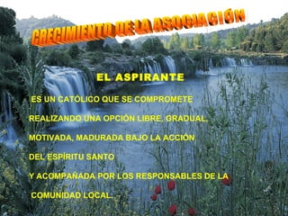 EL ASPIRANTE

ES UN CATÓLICO QUE SE COMPROMETE

REALIZANDO UNA OPCIÓN LIBRE, GRADUAL,

MOTIVADA, MADURADA BAJO LA ACCIÓN

DEL ESPÍRITU SANTO

Y ACOMPAÑADA POR LOS RESPONSABLES DE LA

COMUNIDAD LOCAL.
 