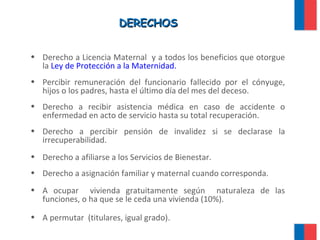 DERECHOSDERECHOS
• Derecho a Licencia Maternal y a todos los beneficios que otorgue
la Ley de Protección a la Maternidad.
• Percibir remuneración del funcionario fallecido por el cónyuge,
hijos o los padres, hasta el último día del mes del deceso.
• Derecho a recibir asistencia médica en caso de accidente o
enfermedad en acto de servicio hasta su total recuperación.
• Derecho a percibir pensión de invalidez si se declarase la
irrecuperabilidad.
• Derecho a afiliarse a los Servicios de Bienestar.
• Derecho a asignación familiar y maternal cuando corresponda.
• A ocupar vivienda gratuitamente según naturaleza de las
funciones, o ha que se le ceda una vivienda (10%).
• A permutar (titulares, igual grado).
 