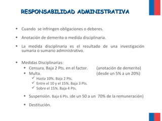 RESPONSABILIDAD ADMINISTRATIVARESPONSABILIDAD ADMINISTRATIVA
• Cuando se infringen obligaciones o deberes.
• Anotación de demerito o medida disciplinaria.
• La medida disciplinaria es el resultado de una investigación
sumaria o sumario administrativo.
• Medidas Disciplinarias:
• Censura. Baja 2 Pts. en el factor. (anotación de demerito)
• Multa. (desde un 5% a un 20%)
 Hasta 10%. Baja 2 Pts.
 Entre el 10 y el 15%. Baja 3 Pts.
 Sobre el 15%. Baja 4 Pts.
• Suspensión. Baja 6 Pts. (de un 50 a un 70% de la remuneración)
• Destitución.
 
