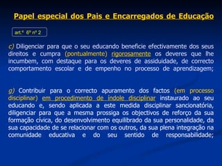 Papel especial dos Pais e Encarregados de Educação c)   Diligenciar para que o seu educando beneficie efectivamente dos seus direitos e cumpra  (pontualmente)   rigorosamente  os deveres que lhe incumbem, com destaque para os deveres de assiduidade, de correcto comportamento escolar e de empenho no processo de aprendizagem; g)   Contribuir para o correcto apuramento dos factos  (em processo disciplinar)   em procedimento de índole disciplinar  instaurado ao seu educando e, sendo aplicada a este medida disciplinar sancionatória, diligenciar para que a mesma prossiga os objectivos de reforço da sua formação cívica, do desenvolvimento equilibrado da sua personalidade, da sua capacidade de se relacionar com os outros, da sua plena integração na comunidade educativa e do seu sentido de responsabilidade; art.º  6º nº 2 