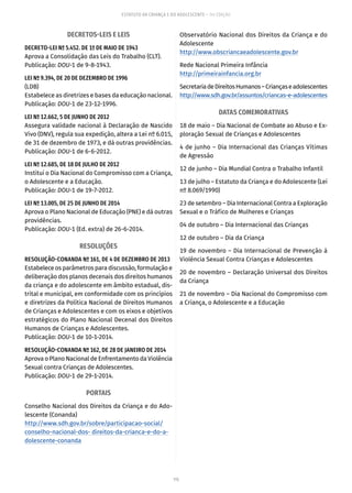 115
ESTATUTO DA CRIANÇA E DO ADOLESCENTE – 14ª EDIÇÃO
DECRETOS-LEIS E LEIS
DECRETO-LEI Nº 5.452. DE 1º DE MAIO DE 1943
Aprova a Consolidação das Leis do Trabalho (CLT).
Publicação: DOU-1 de 9-8-1943.
LEI Nº 9.394, DE 20 DE DEZEMBRO DE 1996
(LDB)
Estabelece as diretrizes e bases da educação nacional.
Publicação: DOU-1 de 23-12-1996.
LEI Nº 12.662, 5 DE JUNHO DE 2012
Assegura validade nacional à Declaração de Nascido
Vivo (DNV), regula sua expedição, altera a Lei nº 6.015,
de 31 de dezembro de 1973, e dá outras providências.
Publicação: DOU-1 de 6-6-2012.
LEI Nº 12.685, DE 18 DE JULHO DE 2012
Institui o Dia Nacional do Compromisso com a Criança,
o Adolescente e a Educação.
Publicação: DOU-1 de 19-7-2012.
LEI Nº 13.005, DE 25 DE JUNHO DE 2014
Aprova o Plano Nacional de Educação (PNE) e dá outras
providências.
Publicação: DOU-1 (Ed. extra) de 26-6-2014.
RESOLUÇÕES
RESOLUÇÃO-CONANDA Nº 161, DE 4 DE DEZEMBRO DE 2013
Estabelece os parâmetros para discussão, formulação e
deliberação dos planos decenais dos direitos humanos
da criança e do adolescente em âmbito estadual, dis-
trital e municipal, em conformidade com os princípios
e diretrizes da Política Nacional de Direitos Humanos
de Crianças e Adolescentes e com os eixos e objetivos
estratégicos do Plano Nacional Decenal dos Direitos
Humanos de Crianças e Adolescentes.
Publicação: DOU-1 de 10-1-2014.
RESOLUÇÃO-CONANDA Nº 162, DE 28 DE JANEIRO DE 2014
Aprova o Plano Nacional de Enfrentamento da Violência
Sexual contra Crianças de Adolescentes.
Publicação: DOU-1 de 29-1-2014.
PORTAIS
Conselho Nacional dos Direitos da Criança e do Ado-
lescente (Conanda)
http://www.sdh.gov.br/sobre/participacao-social/
conselho-nacional-dos- direitos-da-crianca-e-do-a-
dolescente-conanda
Observatório Nacional dos Direitos da Criança e do
Adolescente
http://www.obscriancaeadolescente.gov.br
Rede Nacional Primeira Infância
http://primeirainfancia.org.br
SecretariadeDireitosHumanos–Criançaseadolescentes
http://www.sdh.gov.br/assuntos/criancas-e-adolescentes
DATAS COMEMORATIVAS
18 de maio – Dia Nacional de Combate ao Abuso e Ex-
ploração Sexual de Crianças e Adolescentes
4 de junho – Dia Internacional das Crianças Vítimas
de Agressão
12 de junho – Dia Mundial Contra o Trabalho Infantil
13 de julho – Estatuto da Criança e do Adolescente (Lei
nº 8.069/1990)
23 de setembro – Dia Internacional Contra a Exploração
Sexual e o Tráfico de Mulheres e Crianças
04 de outubro – Dia Internacional das Crianças
12 de outubro – Dia da Criança
19 de novembro – Dia Internacional de Prevenção à
Violência Sexual Contra Crianças e Adolescentes
20 de novembro – Declaração Universal dos Direitos
da Criança
21 de novembro – Dia Nacional do Compromisso com
a Criança, o Adolescente e a Educação
 