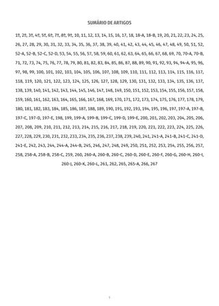 9
SUMÁRIO DE ARTIGOS
1º, 2º, 3º, 4º, 5º, 6º, 7º, 8º, 9º, 10, 11, 12, 13, 14, 15, 16, 17, 18, 18-A, 18-B, 19, 20, 21, 22, 23, 24, 25,
26, 27, 28, 29, 30, 31, 32, 33, 34, 35, 36, 37, 38, 39, 40, 41, 42, 43, 44, 45, 46, 47, 48, 49, 50, 51, 52,
52-A, 52-B, 52-C, 52-D, 53, 54, 55, 56, 57, 58, 59, 60, 61, 62, 63, 64, 65, 66, 67, 68, 69, 70, 70-A, 70-B,
71, 72, 73, 74, 75, 76, 77, 78, 79, 80, 81, 82, 83, 84, 85, 86, 87, 88, 89, 90, 91, 92, 93, 94, 94-A, 95, 96,
97, 98, 99, 100, 101, 102, 103, 104, 105, 106, 107, 108, 109, 110, 111, 112, 113, 114, 115, 116, 117,
118, 119, 120, 121, 122, 123, 124, 125, 126, 127, 128, 129, 130, 131, 132, 133, 134, 135, 136, 137,
138, 139, 140, 141, 142, 143, 144, 145, 146, 147, 148, 149, 150, 151, 152, 153, 154, 155, 156, 157, 158,
159, 160, 161, 162, 163, 164, 165, 166, 167, 168, 169, 170, 171, 172, 173, 174, 175, 176, 177, 178, 179,
180, 181, 182, 183, 184, 185, 186, 187, 188, 189, 190, 191, 192, 193, 194, 195, 196, 197, 197-A, 197-B,
197-C, 197-D, 197-E, 198, 199, 199-A, 199-B, 199-C, 199-D, 199-E, 200, 201, 202, 203, 204, 205, 206,
207, 208, 209, 210, 211, 212, 213, 214, 215, 216, 217, 218, 219, 220, 221, 222, 223, 224, 225, 226,
227, 228, 229, 230, 231, 232, 233, 234, 235, 236, 237, 238, 239, 240, 241, 241-A, 241-B, 241-C, 241-D,
241-E, 242, 243, 244, 244-A, 244-B, 245, 246, 247, 248, 249, 250, 251, 252, 253, 254, 255, 256, 257,
258, 258-A, 258-B, 258-C, 259, 260, 260-A, 260-B, 260-C, 260-D, 260-E, 260-F, 260-G, 260-H, 260-I,
260-J, 260-K, 260-L, 261, 262, 265, 265-A, 266, 267
 