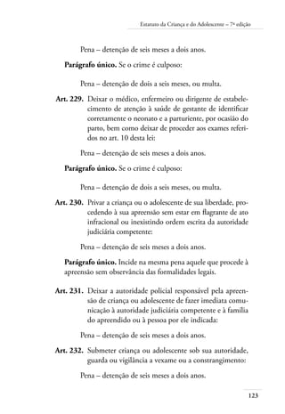 123
Estatuto da Criança e do Adolescente – 7ª edição
Pena – detenção de seis meses a dois anos.
Parágrafo único. Se o crime é culposo:
Pena – detenção de dois a seis meses, ou multa.
	 Art. 229.	 Deixar o médico, enfermeiro ou dirigente de estabele-
cimento de atenção à saúde de gestante de identificar
corretamente o neonato e a parturiente, por ocasião do
parto, bem como deixar de proceder aos exames referi-
dos no art. 10 desta lei:
Pena – detenção de seis meses a dois anos.
Parágrafo único. Se o crime é culposo:
Pena – detenção de dois a seis meses, ou multa.
	 Art. 230.	 Privar a criança ou o adolescente de sua liberdade, pro-
cedendo à sua apreensão sem estar em flagrante de ato
infracional ou inexistindo ordem escrita da autoridade
judiciária competente:
Pena – detenção de seis meses a dois anos.
Parágrafo único. Incide na mesma pena aquele que procede à
apreensão sem observância das formalidades legais.
	 Art. 231.	 Deixar a autoridade policial responsável pela apreen-
são de criança ou adolescente de fazer imediata comu-
nicação à autoridade judiciária competente e à família
do apreendido ou à pessoa por ele indicada:
Pena – detenção de seis meses a dois anos.
	 Art. 232.	 Submeter criança ou adolescente sob sua autoridade,
guarda ou vigilância a vexame ou a constrangimento:
Pena – detenção de seis meses a dois anos.
 