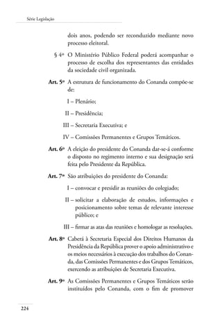 224
Série Legislação
dois anos, podendo ser reconduzido mediante novo
processo eleitoral.
	 § 4º	 O Ministério Público Federal poderá acompanhar o
processo de escolha dos representantes das entidades
da sociedade civil organizada.
	 Art. 5º	 A estrutura de funcionamento do Conanda compõe-se
de:
	 I –	Plenário;
	 II –	Presidência;
	 III –	Secretaria Executiva; e
	 IV –	Comissões Permanentes e Grupos Temáticos.
	 Art. 6º	 A eleição do presidente do Conanda dar-se-á conforme
o disposto no regimento interno e sua designação será
feita pelo Presidente da República.
	 Art. 7º	 São atribuições do presidente do Conanda:
	 I –	convocar e presidir as reuniões do colegiado;
	 II –	solicitar a elaboração de estudos, informações e
posicionamento sobre temas de relevante interesse
público; e
	 III –	firmar as atas das reuniões e homologar as resoluções.
	 Art. 8º	 Caberá à Secretaria Especial dos Direitos Humanos da
Presidência da República prover o apoio administrativo e
os meios necessários à execução dos trabalhos do Conan-
da, das Comissões Permanentes e dos GruposTemáticos,
exercendo as atribuições de Secretaria Executiva.
	 Art. 9º	 As Comissões Permanentes e Grupos Temáticos serão
instituídos pelo Conanda, com o fim de promover
 