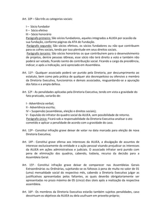 Art. 10º – São três as categorias sociais:

  I – Sócio fundador
  II – Sócio efetivo
  III – Sócio honorário
  Parágrafo primeiro: São sócios fundadores, aqueles integrados a AUJEA por ocasião da
  sua fundação, conforme páginas da ATA de Fundação.
   Parágrafo segundo: São sócios efetivos, os sócios fundadores ou não que contribuem
  para os cofres sociais, tendo por isso plenitude em seus direitos sociais.
   Parágrafo terceiro: São sócios honorários os que contribuírem para o desenvolvimento
  de projetos, dentre pessoas idôneas, esse sócio não terá direito a voto e também não
  poderá ser votado, ficando isento de contribuição social. Ficando a cargo da presidência,
  indicar; e após a indicação, será apreciado em Assembleia.

Art. 11º - Qualquer associado poderá ser punido pela Diretoria, por descumprimento ao
   estatuto, bem como pela prática de qualquer ato desrespeitoso ou ofensivo a membro
   da Diretoria Executiva, funcionários e demais associados, resguardando-se a apuração
   dos fatos e a ampla defesa.

Art. 12º - As penalidades aplicadas pela Diretoria Executiva, tendo em vista a gravidade do
   fato praticado, variarão de:

  I - Advertência verbal;
  II - Advertência escrita;
  IV – Suspensão (assembleias, eleição e direitos sociais);
  V - Expulsão do infrator do quadro social da AUJEA, sem possibilidade de retorno.
  Parágrafo único: Ficará sob a responsabilidade da Diretoria Executiva analisar o ato
  cometido e aplicar a penalidade de acordo com a gravidade do caso.

Art. 13º - Constitui infração grave deixar de votar na data marcada para eleição de nova
   Diretoria Executiva;

Art. 14º - Constitui grave ofensa aos interesses da AUJEA, a divulgação de assuntos de
   interesse exclusivamente da entidade e a ação pessoal visando prejudicar os interesses
   da AUJEA em ações administrativas e judiciais. O associado infrator será punido com
   pena de eliminação dos quadros, cabendo, todavia, recurso da decisão para a
   Assembleia Geral.

Art. 15º - Constitui infração grave deixar de comparecer nas Assembleias Gerais
   Extraordinárias ou Ordinárias, sujeitando-se os faltosos à pena de multa no valor de 01
   (uma) mensalidade social do respectivo mês, cabendo a Diretoria Executiva julgar as
   justificativas apresentadas pelos faltantes, as quais deverão obrigatoriamente ser
   apresentadas no prazo máximo de 05 (cinco) dias úteis após a realização da respectiva
   assembleia.

Art. 16º - Os membros da Diretoria Executiva estarão também sujeitos penalidades, caso
   desvirtuam os objetivos da AUJEA ou dela usufruam em proveito próprio;
 