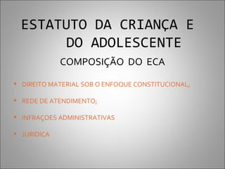 ESTATUTO DA CRIANÇA E
        DO ADOLESCENTE
             COMPOSIÇÃO DO ECA

 DIREITO MATERIAL SOB O ENFOQUE CONSTITUCIONAL;

 REDE DE ATENDIMENTO;

 INFRAÇOES ADMINISTRATIVAS

 JURIDICA
 