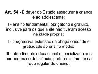 Art. 54 - É dever do Estado assegurar à criança
e ao adolescente:
I - ensino fundamental, obrigatório e gratuito,
inclusive para os que a ele não tiveram acesso
na idade própria;
I - progressiva extensão da obrigatoriedade e
gratuidade ao ensino médio;
III - atendimento educacional especializado aos
portadores de deficiência, preferencialmente na
rede regular de ensino;
 