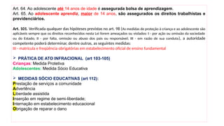 Art. 64. Ao adolescente até 14 anos de idade é assegurada bolsa de aprendizagem.
Art. 65. Ao adolescente aprendiz, maior de 14 anos, são assegurados os direitos trabalhistas e
previdenciários.
Art. 101. Verificada qualquer das hipóteses previstas no art. 98 (As medidas de proteção à criança e ao adolescente são
aplicáveis sempre que os direitos reconhecidos nesta Lei forem ameaçados ou violados: I - por ação ou omissão da sociedade
ou do Estado; II - por falta, omissão ou abuso dos pais ou responsável; III - em razão de sua conduta), a autoridade
competente poderá determinar, dentre outras, as seguintes medidas:
III - matrícula e freqüência obrigatórias em estabelecimento oficial de ensino fundamental
 PRÁTICA DE ATO INFRACIONAL (art 103-105)
Crianças: Medida Protetiva
Adolescentes: Medida Sócio Educativa
 MEDIDAS SÓCIO EDUCATIVAS (art 112):
Prestação de serviços a comunidade
Advertência
Liberdade assistida
Inserção em regime de semi-liberdade;
Internação em estabelecimento educacional
Obrigação de reparar o dano
 
