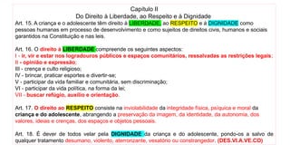 Capítulo II
Do Direito à Liberdade, ao Respeito e à Dignidade
Art. 15. A criança e o adolescente têm direito à LIBERDADE, ao RESPEITO e à DIGNIDADE como
pessoas humanas em processo de desenvolvimento e como sujeitos de direitos civis, humanos e sociais
garantidos na Constituição e nas leis.
Art. 16. O direito à LIBERDADE compreende os seguintes aspectos:
I - ir, vir e estar nos logradouros públicos e espaços comunitários, ressalvadas as restrições legais;
II - opinião e expressão;
III - crença e culto religioso;
IV - brincar, praticar esportes e divertir-se;
V - participar da vida familiar e comunitária, sem discriminação;
VI - participar da vida política, na forma da lei;
VII - buscar refúgio, auxílio e orientação.
Art. 17. O direito ao RESPEITO consiste na inviolabilidade da integridade física, psíquica e moral da
criança e do adolescente, abrangendo a preservação da imagem, da identidade, da autonomia, dos
valores, ideias e crenças, dos espaços e objetos pessoais.
Art. 18. É dever de todos velar pela DIGNIDADE da criança e do adolescente, pondo-os a salvo de
qualquer tratamento desumano, violento, aterrorizante, vexatório ou constrangedor. (DES.VI.A.VE.CO)
 