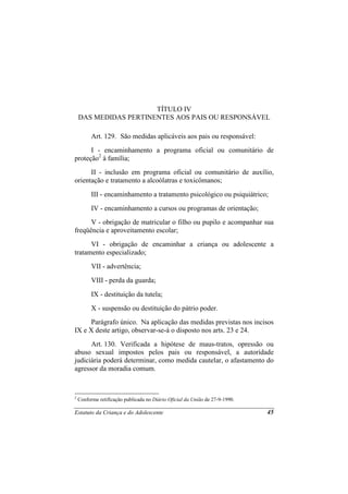 TÍTULO IV
    DAS MEDIDAS PERTINENTES AOS PAIS OU RESPONSÁVEL

          Art. 129. São medidas aplicáveis aos pais ou responsável:
      I - encaminhamento a programa oficial ou comunitário de
proteção2 à família;
      II - inclusão em programa oficial ou comunitário de auxílio,
orientação e tratamento a alcoólatras e toxicômanos;
          III - encaminhamento a tratamento psicológico ou psiquiátrico;
          IV - encaminhamento a cursos ou programas de orientação;
      V - obrigação de matricular o filho ou pupilo e acompanhar sua
freqüência e aproveitamento escolar;
      VI - obrigação de encaminhar a criança ou adolescente a
tratamento especializado;
          VII - advertência;
          VIII - perda da guarda;
          IX - destituição da tutela;
          X - suspensão ou destituição do pátrio poder.
      Parágrafo único. Na aplicação das medidas previstas nos incisos
IX e X deste artigo, observar-se-á o disposto nos arts. 23 e 24.
      Art. 130. Verificada a hipótese de maus-tratos, opressão ou
abuso sexual impostos pelos pais ou responsável, a autoridade
judiciária poderá determinar, como medida cautelar, o afastamento do
agressor da moradia comum.


2
    Conforme retificação publicada no Diário Oficial da União de 27-9-1990.

Estatuto da Criança e do Adolescente                                          45
 