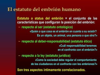 EEll eessttaattuuttoo ddeell eemmbbrriióónn hhuummaannoo 
EEssttaattuuttoo oo ssttaattuuss ddeell eemmbbrriióónn == eell ccoonnjjuunnttoo ddee llaass 
ccaarraacctteerrííssttiiccaass qquuee ccoonnffiigguurraann llaa ppoossiicciióónn ddeell eemmbbrriióónn:: 
– rreessppeeccttoo aall sseerr ((eessttaattuuttoo oonnttoollóóggiiccoo)) 
«QQuuiiéénn oo qquuee ccoossaa eess eell eemmbbrriióónn eenn ccuuaannttoo aa ssuu eexxiissttiirr?? 
EEss uunn oobbjjeettoo,, uunn aanniimmaall,, uunnaa ppeerrssoonnaa oo qquuee oottrroo??» 
– rreessppeeccttoo aall ddeebbeerr--rreessppoonnssaabbiilliiddaadd ((eessttaattuuttoo ééttiiccoo)) 
«CCuuááll rreessppoonnssaabbiilliiddaadd tteenneemmooss 
eenn eell ccoonnffrroonnttoo ccoonn eell eemmbbrriióónn??» 
– rreessppeeccttoo aa llaa lleeyy ((eessttaattuuttoo jjuurrííddiiccoo)) 
«CCoommoo llaa ssoocciieeddaadd ddeebbee rreegguullaarr eell ccoommppoorrttaammiieennttoo 
ddee llooss cciiuuddaaddaannooss eenn eell ccoonnffrroonnttoo ccoonn llooss eemmbbrriioonneess??»
SSoonn ttrreess aassppeeccttooss íínnttiimmaammeennttee ccoorrrreellaacciioonnaaddooss.. 
 