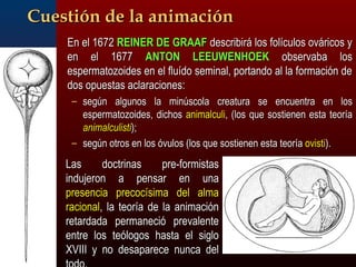 CCuueessttiióónn ddee llaa aanniimmaacciióónn 
EEnn eell 11667722 RREEIINNEERR DDEE GGRRAAAAFF ddeessccrriibbiirráá llooss ffoollííccuullooss oovváárriiccooss yy 
eenn eell 11667777 AANNTTOONN LLEEEEUUWWEENNHHOOEEKK oobbsseerrvvaabbaa llooss 
eessppeerrmmaattoozzooiiddeess eenn eell fflluuííddoo sseemmiinnaall,, ppoorrttaannddoo aall llaa ffoorrmmaacciióónn ddee 
ddooss ooppuueessttaass aaccllaarraacciioonneess:: 
– sseeggúúnn aallgguunnooss llaa mmiinnúússccoollaa ccrreeaattuurraa ssee eennccuueennttrraa eenn llooss 
eessppeerrmmaattoozzooiiddeess,, ddiicchhooss aanniimmaallccuullii,, ((llooss qquuee ssoossttiieenneenn eessttaa tteeoorrííaa 
aanniimmaallccuulliissttii));; 
– sseeggúúnn oottrrooss eenn llooss óóvvuullooss ((llooss qquuee ssoossttiieenneenn eessttaa tteeoorrííaa oovviissttii)).. 
LLaass ddooccttrriinnaass pprree--ffoorrmmiissttaass 
iinndduujjeerroonn aa ppeennssaarr eenn uunnaa 
pprreesseenncciiaa pprreeccooccííssiimmaa ddeell aallmmaa 
rraacciioonnaall,, llaa tteeoorrííaa ddee llaa aanniimmaacciióónn 
rreettaarrddaaddaa ppeerrmmaanneecciióó pprreevvaalleennttee 
eennttrree llooss tteeóóllooggooss hhaassttaa eell ssiigglloo 
XXVVIIIIII yy nnoo ddeessaappaarreeccee nnuunnccaa ddeell 
ttooddoo.. 
 