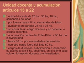 Unidad docente y acumulación artículos 15 a 22 * unidad docente de 20 hs., 30 hs, 40 hs., semanales de labor,  * por fuerza mayor 8 hs. semanales de labor,  * ayudante preparador 24 hs a 36 hs.  * se acumula un cargo docente y no docente, o cargos docentes, * acumulación dentro del Ente 48 hs. a 50 hs. por indivisibilidad,  * hasta 60 hs. por necesidades del servicio, * con otro cargo fuera del Ente 60 hs. * cargos de dirección, subdirección e inspección se acumula con 8 hs. docentes, en el último caso solo en formación docente o universitarias, 