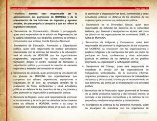 Estatuto de MORENA

verdadero;
además
será
responsable
de
la
administración del patrimonio de MORENA y de la
presentación de los informes de ingresos y egresos
anuales, de precampaña y campaña a que se refiere la
legislación electoral;
e. Secretario/a de Comunicación, difusión y propaganda,
quien será responsable de la edición de Regeneración, de
la página electrónica, las ediciones, boletines de prensa y
comunicados que emita el Comité Ejecutivo Nacional;
f. Secretario/a de Educación, Formación y Capacitación
política, quien será responsable de realizar actividades
relacionadas con la defensa del derecho a la educación;
será el vínculo de MORENA con las organizaciones
magisteriales; organizará los cursos nacionales de
formación; dirigirá el centro nacional de formación y
capacitación política y promoverá la creación de escuelas
regionales y estatales de formación en el país;
g. Secretario/a de Jóvenes, quien promoverá la vinculación de
los jóvenes de MORENA con organizaciones que
compartan sus valores, experiencias, aspiraciones e
inquietudes en el país; se encargará también de la
realización de foros, conferencias y otras actividades
públicas en defensa de los derechos de las y los jóvenes y
para promover su organización y participación política;
h. Secretaria de Mujeres, quien será responsable de promover
el conocimiento y la lucha por los derechos de las mujeres
entre las afiliadas a MORENA; tendrá a su cargo la
vinculación con organizaciones afines en el país, así como

Página 18 de 35

la promoción y organización de foros, conferencias y otras
actividades públicas en defensa de los derechos de las
mujeres y para promover su participación política;
i.

Secretario/a de la Diversidad Sexual, quien será
responsable de defender los derechos de la comunidad
lesbiana, gay, bisexual y transgénero en el país, así como
de difundir en las organizaciones del movimiento LGBT, la
lucha de MORENA;

j. Secretario/a de Indígenas y Campesinos, quien será
responsable de promover la organización de los indígenas
en MORENA; su vinculación con las organizaciones y
pueblos indígenas y de campesinos del país; así como de
participar en foros, conferencias y otras actividades
públicas en defensa de los derechos de los pueblos
originarios, su organización y participación política;
k. Secretario/a del Trabajo, quien será responsable de
establecer el vínculo con las organizaciones de
trabajadores sindicalizados, de la economía informal,
migrantes, jornaleros y las organizaciones de trabajadores
del campo y de la ciudad; luchará por el reconocimiento de
sus derechos, así como por su incorporación a la actividad
política;
l. Secretario/a de la Producción, quien promoverá el fomento
de la planta productiva nacional y del mercado interno; el
combate a las prácticas monopólicas y la defensa de los
pequeños y medianos empresarios y comerciantes;
m. Secretario/a de Defensa de los Derechos Humanos, quien
se encargará de vincularse con los organismos de
Actualizado al 26 de Enero del 2014.

 