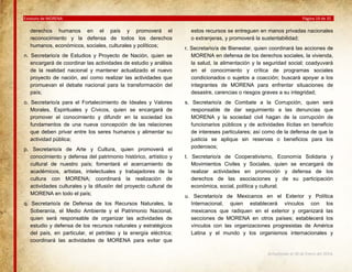 Estatuto de MORENA

derechos humanos en el país y promoverá el
reconocimiento y la defensa de todos los derechos
humanos, económicos, sociales, culturales y políticos;
n. Secretario/a de Estudios y Proyecto de Nación, quien se
encargará de coordinar las actividades de estudio y análisis
de la realidad nacional y mantener actualizado el nuevo
proyecto de nación, así como realizar las actividades que
promuevan el debate nacional para la transformación del
país;
o. Secretario/a para el Fortalecimiento de Ideales y Valores
Morales, Espirituales y Cívicos, quien se encargará de
promover el conocimiento y difundir en la sociedad los
fundamentos de una nueva concepción de las relaciones
que deben privar entre los seres humanos y alimentar su
actividad pública;
p. Secretario/a de Arte y Cultura, quien promoverá el
conocimiento y defensa del patrimonio histórico, artístico y
cultural de nuestro país; fomentará el acercamiento de
académicos, artistas, intelectuales y trabajadores de la
cultura con MORENA; coordinará la realización de
actividades culturales y la difusión del proyecto cultural de
MORENA en todo el país;
q. Secretario/a de Defensa de los Recursos Naturales, la
Soberanía, el Medio Ambiente y el Patrimonio Nacional,
quien será responsable de organizar las actividades de
estudio y defensa de los recursos naturales y estratégicos
del país, en particular, el petróleo y la energía eléctrica;
coordinará las actividades de MORENA para evitar que

Página 19 de 35

estos recursos se entreguen en manos privadas nacionales
o extranjeras, y promoverá la sustentabilidad;
r. Secretario/a de Bienestar, quien coordinará las acciones de
MORENA en defensa de los derechos sociales, la vivienda,
la salud, la alimentación y la seguridad social; coadyuvará
en el conocimiento y crítica de programas sociales
condicionados o sujetos a coacción; buscará apoyar a los
integrantes de MORENA para enfrentar situaciones de
desastre, carencias o riesgos graves a su integridad;
s. Secretario/a de Combate a la Corrupción, quien será
responsable de dar seguimiento a las denuncias que
MORENA y la sociedad civil hagan de la corrupción de
funcionarios públicos y de actividades ilícitas en beneficio
de intereses particulares; así como de la defensa de que la
justicia se aplique sin reservas o beneficios para los
poderosos;
t. Secretario/a de Cooperativismo, Economía Solidaria y
Movimientos Civiles y Sociales, quien se encargará de
realizar actividades en promoción y defensa de los
derechos de las asociaciones y de su participación
económica, social, política y cultural;
u. Secretario/a de Mexicanos en el Exterior y Política
Internacional, quien establecerá vínculos con los
mexicanos que radiquen en el exterior y organizará las
secciones de MORENA en otros países; establecerá los
vínculos con las organizaciones progresistas de América
Latina y el mundo y los organismos internacionales y

Actualizado al 26 de Enero del 2014.

 