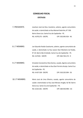15




                  CONSELHO FISCAL
                         EFETIVOS



7. PRESIDENTE.   Joseilson José da Silva. brasileiro, solteiro, agente comunitário
                 de saúde, e domiciliado na Rua Manoel Sobrinho, N° 338.
                 Bairro Dona Lica. Santa Cruz do Capibaribe - PE.
                 RG. 4.070.275 - SSP/PE.              CPF: 032.095.924 - 46




8. 1° MEMBRO.    Jan Eduardo Paixão Cavalcante, solteiro, agente comunitário de
                 saúde, e domiciliado na Rua Lázaro Davi Monteiro da Paixão,
                 N° 24. Bairro São Cristóvão. Santa Cruz do Capibaribe - PE.
                 RG: 4.47101 - SSP/PE                 CPF: 862.764.174 - 9



9. 2° MEMBRO.    Grisolete Constantino Silva Gomes, casada, Agente comunitária
                 de saúde, e domiciliada na Rua Davi Ferreira Araújo. Santa Cruz
                 do Capibaribe - PE.
                 RG: 4.437.538 - SSP/PE               CPF: 010.325.994 - 56



10. 3° MEMBRO.   Maria José de Lima Oliveira, casada, agente comunitária de
                 saúde e domiciliada na Rua José Moraes Aragão, N/ 68. Bairro
                 Dona Lica. Santa Cruz do Capibaribe – PE.
                 RG: 6.023.301 - SSP/PE               CPF: 684.950.998 – 63
 