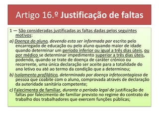 Artigo 16.º Justificação de faltas
1 — São consideradas justificadas as faltas dadas pelos seguintes
motivos:
a) Doença do aluno, devendo esta ser informada por escrito pelo
encarregado de educação ou pelo aluno quando maior de idade
quando determinar um período inferior ou igual a três dias úteis, ou
por médico se determinar impedimento superior a três dias úteis,
podendo, quando se trate de doença de caráter crónico ou
recorrente, uma única declaração ser aceite para a totalidade do
ano letivo ou até ao termo da condição que a determinou;
b) Isolamento profilático, determinado por doença infetocontagiosa de
pessoa que coabite com o aluno, comprovada através de declaração
da autoridade sanitária competente;
c) Falecimento de familiar, durante o período legal de justificação de
faltas por falecimento de familiar previsto no regime do contrato de
trabalho dos trabalhadores que exercem funções públicas;
 