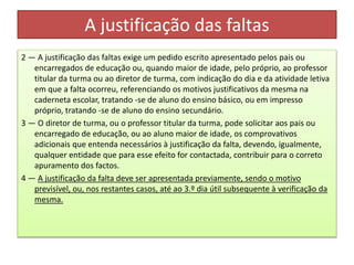 A justificação das faltas
2 — A justificação das faltas exige um pedido escrito apresentado pelos pais ou
encarregados de educação ou, quando maior de idade, pelo próprio, ao professor
titular da turma ou ao diretor de turma, com indicação do dia e da atividade letiva
em que a falta ocorreu, referenciando os motivos justificativos da mesma na
caderneta escolar, tratando -se de aluno do ensino básico, ou em impresso
próprio, tratando -se de aluno do ensino secundário.
3 — O diretor de turma, ou o professor titular da turma, pode solicitar aos pais ou
encarregado de educação, ou ao aluno maior de idade, os comprovativos
adicionais que entenda necessários à justificação da falta, devendo, igualmente,
qualquer entidade que para esse efeito for contactada, contribuir para o correto
apuramento dos factos.
4 — A justificação da falta deve ser apresentada previamente, sendo o motivo
previsível, ou, nos restantes casos, até ao 3.º dia útil subsequente à verificação da
mesma.
 