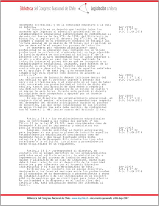 Biblioteca del Congreso Nacional de Chile - www.leychile.cl - documento generado el 06-Sep-2017
desempeño profesional y en la comunidad educativa a la cual
se integra. Ley 20903
La inducción es un derecho que tendrán todos los Art. 1 N° 22
docentes que ingresan al ejercicio profesional en un D.O. 01.04.2016
establecimiento educacional subvencionado de conformidad al
decreto con fuerza de ley N°2, de 1998, del Ministerio de
Educación, o regido por el decreto ley N°3.166, de 1980,
siempre y cuando en su respectivo contrato se estipule una
jornada semanal de un máximo de 38 horas, por el periodo en
que se desarrolle el respectivo proceso de inducción.
Se entenderá por "docente principiante" aquel
profesional de la educación que, contando con un título
profesional de profesor(a) o educador(a), no haya ejercido
la función docente de conformidad al artículo 6° de la
presente ley o la haya desempeñado por un lapso inferior a
un año o a dos años en caso que no haya realizado la
inducción durante el primer año en que se incorporó a un
establecimiento educacional. Asimismo, para efectos de lo
dispuesto en este título, el docente deberá estar
contratado para desarrollar funciones de aquellas señaladas
en el artículo 6º de esta ley, y no encontrarse
inhabilitado para ejercer como docente de acuerdo al
artículo 4°. Ley 21006
El proceso de inducción deberá iniciarse dentro del Art. 7 N° 1 a)
año escolar en que el profesor ingrese a prestar sus D.O. 04.04.2017
servicios profesionales, o al siguiente en el caso de haber
sido contratado con posterioridad al inicio de dicho año
escolar, tendrá una duración de diez meses y requerirá
una dedicación semanal exclusiva de un mínimo de cuatro y
un máximo de seis horas. Durante este período el docente
principiante será acompañado y apoyado por un docente
denominado "mentor". Ley 21006
El equipo directivo del establecimiento educacional, en Art. 7 N° 1 b)
conjunto con el mentor, efectuarán recomendaciones respecto D.O. 04.04.2017
del desempeño del docente principiante durante el proceso
de inducción, las que serán consideradas en las acciones
de apoyo formativo que éste debe recibir, de conformidad
con el numeral 1. del inciso cuarto del artículo 12 ter.
Artículo 18 H.- Los establecimientos educacionales
que, de conformidad a las normas del párrafo 3º del
Título II de la ley N° 20.529, sean considerados como de
Desempeño Alto podrán implementar y administrar sus
propios Procesos de Inducción. Ley 20903
Asimismo, podrán solicitar al Centro autorización Art. 1 N° 22
para implementar sus propios planes de inducción aquellos D.O. 01.04.2016
establecimientos educacionales considerados como de
Desempeño Medio y que hayan fluctuado entre dicha
categoría y la de Desempeño Alto durante los tres años
anteriores a la solicitud. Los plazos y procedimientos
serán establecidos en un reglamento.
Artículo 18 I.- Corresponderá al director, en
conjunto con el equipo directivo de los establecimientos
señalados en el artículo anterior, la administración e
implementación del proceso de inducción mediante el
diseño y aplicación de un plan de inducción. Dicho plan
deberá tener relación con el desarrollo de la comunidad
educativa y ser coherente con el Proyecto Educativo
Institucional y el Plan de Mejoramiento de éste. Ley 20903
El director, en conjunto con el equipo directivo, Art. 1 N° 22
designarán a los docentes mentores entre los profesionales D.O. 01.04.2016
de la educación de su dependencia o pertenecientes a redes
de establecimientos o de los incorporados en el registro
público de mentores que se constituyan para tales efectos
en conformidad a lo dispuesto en el inciso final del
artículo 18Q. Esta designación deberá ser informada al
Centro.
 