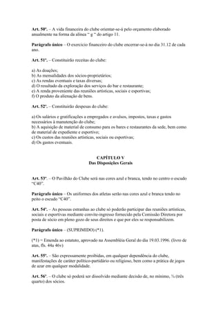 Art. 50º. – A vida financeira do clube orientar-se-á pelo orçamento elaborado
anualmente na forma da alínea “ g “ do artigo 11.

Parágrafo único – O exercicio financeiro do clube encerrar-se-á no dia 31.12 de cada
ano.

Art. 51º. – Constituirão receitas do clube:

a) As doações;
b) As mensalidades dos sócios-proprietários;
c) As rendas eventuais e taxas diversas;
d) O resultado da exploração dos serviços do bar e restaurante;
e) A renda proveniente das reuniões artísticas, sociais e esportivas;
f) O produto da alienação de bens.

Art. 52º. – Constituirão despesas do clube:

a) Os salários e gratificações a empregados e avulsos, impostos, taxas e gastos
necessários à manutenção do clube;
b) A aquisição de material de consumo para os bares e restaurantes da sede, bem como
de material de expediente e esportivo;
c) Os custos das reuniões artísticas, sociais ou esportivas;
d) Os gastos eventuais.


                                     CAPÍTULO V
                                 Das Disposições Gerais


Art. 53º. – O Pavilhão do Clube será nas cores azul e branca, tendo no centro o escudo
“C40”.

Parágrafo único – Os uniformes dos atletas serão nas cores azul e branca tendo no
peito o escudo “C40”.

Art. 54º. – As pessoas estranhas ao clube só poderão participar das reuniões artísticas,
sociais e esportivas mediante convite-ingresso fornecido pela Comissão Diretora por
posta de sócio em pleno gozo de seus direitos e que por eles se responsabilizem.

Parágrafo único – (SUPRIMIDO) (*1).

(*1) = Emenda ao estatuto, aprovado na Assembléia Geral do dia 19.03.1996. (livro de
atas, fls. 44a 46v)

Art. 55º. – São expressamente proibidas, em qualquer dependência do clube,
manifestações de caráter político-partidário ou religioso, bem como a prática de jogos
de azar em qualquer modalidade.

Art. 56º. – O clube só poderá ser dissolvido mediante decisão de, no mínimo, ¾ (três
quarto) dos sócios.
 