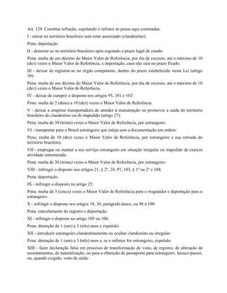 Art. 124. Constitui infração, sujeitando o infrator às penas aqui cominadas:
I - entrar no território brasileiro sem estar autorizado (clandestino):
Pena: deportação.
II - demorar-se no território brasileiro após esgotado o prazo legal de estada:
Pena: multa de um décimo do Maior Valor de Referência, por dia de excesso, até o máximo de 10
(dez) vezes o Maior Valor de Referência, e deportação, caso não saia no prazo fixado.
III - deixar de registrar-se no órgão competente, dentro do prazo estabelecido nesta Lei (artigo
30):
Pena: multa de um décimo do Maior Valor de Referência, por dia de excesso, até o máximo de 10
(dez) vezes o Maior Valor de Referência.
IV - deixar de cumprir o disposto nos artigos 95, 101 e 102:
Pena: multa de 2 (duas) a 10 (dez) vezes o Maior Valor de Referência.
V - deixar a empresa transportadora de atender à manutenção ou promover a saída do território
brasileiro do clandestino ou do impedido (artigo 27):
Pena: multa de 30 (trinta) vezes o Maior Valor de Referência, por estrangeiro.
VI - transportar para o Brasil estrangeiro que esteja sem a documentação em ordem:
Pena: multa de 10 (dez) vezes o Maior Valor de Referência, por estrangeiro e sua retirada do
território brasileiro.
VII - empregar ou manter a seu serviço estrangeiro em situação irregular ou impedido de exercer
atividade remunerada:
Pena: multa de 30 (trinta) vezes o Maior Valor de Referência, por estrangeiro.
VIII - infringir o disposto nos artigos 21, § 2º, 24, 97, 103, § 1º ou 2º e 104:
Pena: deportação.
IX - infringir o disposto no artigo 25:
Pena: multa de 5 (cinco) vezes o Maior Valor de Referência para o resgatador e deportação para o
estrangeiro.
X - infringir o disposto nos artigos 18, 36, parágrafo único, ou 98 a 100:
Pena: cancelamento do registro e deportação.
XI - infringir o disposto no artigo 105 ou 106:
Pena: detenção de 1 (um) a 3 (três) anos e expulsão.
XII - introduzir estrangeiro clandestinamente ou ocultar clandestino ou irregular:
Pena: detenção de 1 (um) a 3 (três) anos e, se o infrator for estrangeiro, expulsão.
XIII - fazer declaração falsa em processo de transformação de visto, de registro, de alteração de
assentamentos, de naturalização, ou para a obtenção de passaporte para estrangeiro, laissez-passer,
ou, quando exigido, visto de saída:
 