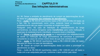 Art. 56. Deixar a entidade de atendimento de cumprir as determinações do art.
50 desta lei ( obrigações das entidades de atendimento).
Pena – multa de R$ 500,00 (quinhentos reais) a R$ 3.000,00 (três mil reais), se
o fato não for caracterizado como crime, podendo haver a interdição do
estabelecimento até que sejam cumpridas as exigências legais.
Parágrafo único. No caso de interdição do estabelecimento de longa
permanência, os idosos abrigados serão transferidos para outra instituição, a
expensas do estabelecimento interditado, enquanto durar a interdição.
Art. 57. Deixar o profissional de saúde ou o responsável por estabelecimento
de saúde ou instituição de longa permanência de comunicar à autoridade
competente os casos de crimes contra idoso de que tiver conhecimento:
Pena – multa de R$ 500,00 (quinhentos reais) a R$ 3.000,00 (três mil reais),
aplicada em dobro no caso de reincidência.
Art. 58. Deixar de cumprir as determinações desta Lei sobre a prioridade no
atendimento ao idoso:
Pena – multa de R$ 500,00 (quinhentos reais) a R$ 1.000,00 (um mil reais) e
multa civil a ser estipulada pelo juiz, conforme o dano sofrido pelo idoso.
TÍTULO IV
Da Política de Atendimento ao
Idoso
CAPÍTULO IV
Das Infrações Administrativas
FCV
 
