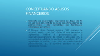 CONCEITUANDO ABUSOS
FINANCEIROS
 Consiste na exploração imprópria ou ilegal da PI
no uso não consentido de seus bens financeiros ou
patrimoniais. São cometidos por familiares,
empresas, governos.
 O Disque Idoso Paraná registra 917 queixas de
abusos, sendo que 200 delas dizem respeito a
agressões verbais e psicológicas;158, a
negligência/abandono de filhos e cônjuge; 87, a
apropriação indébita do cartão de benefício; 67, a
agressões à saúde, com uso de medicamentos
psicotrópicos, 37, a cárcere privado, e 35 a
agressões físicas.
 