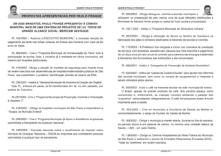 O ESTATUTO DO IDOSO COMENTADO POR PAULO FRANGE É PAULO FRANGE?
                                                            QUEM                      QUEM É PAULO FRANGE?
                                                                                                      O ESTATUTO DO IDOSO COMENTADO POR PAULO FRANGE


                                                                                           PL 290/2003 – Obriga albergues, creches e escolas municipais a
            PROPOSTAS APRESENTADAS POR PAULO FRANGE                                   utilizarem na preparação de pelo menos uma de suas refeições distribuídas a
                                                                                      Biomassa de Banana Verde (polpa ou casca da fruta cozida e processada).
   EM DOIS MANDATOS, PAULO FRANGE APRESENTOU À CÂMARA
 MUNICIPAL MAIS DE UMA CENTENA DE PROJETOS DE LEI, TODOS DE
                                                                                         PL 182 / 2003 - Institui o “Programa Municipal de Silvicultura Urbana”.
        GRANDE ALCANCE SOCIAL. MERECEM DESTAQUE:
                                                                                         PL 603/2002 – Obriga a utilização de fécula ou farinha de mandioca na
   PL 104/2004 – “Autorizo o EXECUTIVO MUNICIPAL” a conceder isenção do
                                                                                      fabricação dos pães e similares destinados à merenda de escolas e creches.
pagamento da tarifa nas linhas urbanas de ônibus aos homens com mais de 60
anos de idade.
                                                                                          PL 170/2003 – A Prefeitura fica obrigada a incluir nos contratos de prestação
                                                                                      de serviços com entidades assistenciais cláusula que lhes imponha o pagamento
   PL 365/2003 – Cria o “Programa Municipal de Humanização do Parto” com a
                                                                                      de um doze avos do valor anual do contrato para cobertura de encargos trabalhistas
participação de doulas. Hoje, a iniciativa já é realidade em vários municípios, até
                                                                                      e tributários dos funcionários das instituições a ela conveniadas.
mesmo em hospitais particulares.
                                                                                         PL 390/2001 - Institui a “Campanha de Prevenção de Acidente Doméstico”.
   PL 416/2003 - Obriga a adoção de medidas de segurança para impedir troca
de recém-nascidos nas dependências de hospitais/maternidades públicos de São
                                                                                         PL 402/2002 - Institui as “Caixas de Custeio Escolar” para ajudar nas reformas
Paulo, que possibilitem a posterior identificação através de exame de DNA.
                                                                                      das escolas municipais, bem como na compra de equipamentos e materiais a
                                                                                      serem utilizados pelos alunos.
   PL 238/2003 - Institui a “Semana Municipal de Incentivo à Doação de Órgãos”.
   Este PL, embora em pauta, já foi transformado em lei, no ano passado, por
                                                                                         PL 304/2002 - Inclui o café na merenda escolar da rede municipal de ensino.
autoria do Executivo.
                                                                                         O Brasil, apesar de grande produtor de café, tem perdido espaço como
                                                                                      consumidor e, infelizmente, as crianças crescem adotando o paladar dos
   PL 237/2003 - Cria o “Programa Municipal de Prevenção, Controle e Orientação
                                                                                      “suquinhos”, achocolatados, refrigerantes etc. O café, em pequenas doses, é muito
à Hepatite C”.
                                                                                      importante para a saúde.

   PL 318/2003 – Obriga os hospitais municipais de São Paulo a implantarem a
                                                                                         PL 204/2002 – Cria no município a Ouvidoria de Saúde da Mulher e,
“Terapia de Nutrição Enteral”.
                                                                                      concomitantemente, o cargo de Ouvidor de Saúde da Mulher.

   PL 239/2003 – Cria o “Programa Municipal de Apoio e Assistência às pessoas
                                                                                         PL 183/2002 – Obriga o município a manter aberta, durante os fins de semana,
submetidas a transplante de qualquer natureza”.
                                                                                      no período diurno e em sistema de rodízio, no mínimo uma Unidade Básica de
                                                                                      Saúde – UBS - em cada Distrito.
   PL 236/2003 – Concede desconto sobre o recolhimento do Imposto sobre
Serviços de Qualquer Natureza – ISSQN às empresas que contratarem pessoas
                                                                                         PL 139/2002 – Obriga os Centros Hospitalares da Rede Pública do Município
submetidas a qualquer tipo de transplante.
                                                                                      de São Paulo a realizarem o exame de Emissões Otoacústicas Evocadas (EOA) -
                                                                                      “Teste da Orelhinha” em recém nascidos.


                                    - PÁGINA 110 -                                                                        - PÁGINA 111 -
 