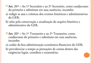  Art. 31º – Ao 1º Secretário e ao 2º Secretário, como coadjuvante
  do primeiro e substituto em suas ausências, incumbe:
a) redigir as atas e crônicas dos eventos históricos e administrativos
  do GER;
b) zelar pela conservação e atualização do arquivo histórico e
  administrativo do GER.

 Art. 32º – Ao 1º Tesoureiro e ao 2º Tesoureiro, como
  coadjuvante do primeiro e substituto em suas ausências,
  incumbe:
a) cuidar da boa administração econômico-financeira do GER;
b) providenciar a tempo as prestações de contas dentro das
  exigências legais, contábeis e estatutárias.
 