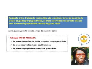 • Parágrafo único. O disposto neste artigo não se aplica às terras do domínio da
União, ocupadas por grupos tribais, às áreas reservadas de que trata esta Lei,
nem às terras de propriedade coletiva de grupo tribal.
 
