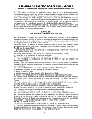 ESTATUTO DO PARTIDO DOS TRABALHADORES
      Versão II – Com modificações aprovadas pelo Diretório Nacional em 05/outubro/2007


§ 2º Para efeito do disposto no parágrafo anterior, findo o prazo do recadastramento
nacional das filiações partidárias, o filiado terá sua filiação imediatamente cancelada e seu
nome será excluído da relação de filiados encaminhada à Justiça Eleitoral.
§ 3º A comunicação ao filiado atingido é obrigatória e será feita por carta com aviso de
recebimento, em até 48 horas da data da decisão do cancelamento da filiação, no endereço
constante do cadastro nacional de filiados ou, se não houver, dos arquivos da instância
municipal, antes da exclusão de seu nome da relação de filiados à Justiça Eleitoral.
§ 4º Não sendo o filiado localizado no endereço a que se refere o parágrafo anterior, será
afixado edital na sede municipal do Partido, com a devida comunicação da exclusão do
nome do filiado dos quadros de filiados ao PT.

                                   CAPÍTULO IV
                       DOS DIREITOS E DEVERES DOS FILIADOS

Art. 12. A todos os filiados ao Partido ficam assegurados idênticos direitos e deveres
partidários, estando sujeitos à disciplina partidária, devendo orientar suas atividades de
acordo com as normas estatutárias, com os princípios éticos, programáticos e diretrizes
fixados pelas instâncias de deliberação do Partido.
Parágrafo único: Os direitos e deveres previstos neste Capítulo não excluem outros
decorrentes dos demais documentos partidários aprovados pelas instâncias superiores.
Art. 13. São direitos do filiado:
I – participar da elaboração e da aplicação da política partidária, votando nas reuniões das
instâncias de que fizer parte;
II – votar e ser votado para composição das instâncias e dos órgãos do Partido;
III – defender-se de acusações ou punições recebidas;
IV – ser denunciado somente por documento escrito e assinado;
V – ser investigado ou processado em Comissão de Ética em sigilo até decisão das
instâncias partidárias;
VI – ter o mais amplo direito de defesa nos processos de apuração de infração aos deveres
partidários, tendo presença assegurada em qualquer instância que esteja analisando sua
conduta política;
VII – dirigir-se diretamente e por escrito a qualquer instância do Partido para:
a) apresentar seu ponto de vista em relação a qualquer assunto;
b) denunciar irregularidades;
c) solicitar reparação de dano quando sofrer denúncia infundada;
d) recorrer das decisões perante as respectivas instâncias superiores de deliberação.
VIII – organizar-se em tendências internas para defender determinadas posições políticas,
nos termos deste Estatuto, ou tomar a iniciativa de reunir-se com outros membros do
Partido;
IX – exigir das respectivas instâncias partidárias a convocação de plebiscitos, referendos ou
consultas às bases, observadas as normas previstas neste Estatuto;
X – exigir das instâncias partidárias orientação, formação e informação política;
XI – ser informado das resoluções, publicações e dos demais documentos partidários;
XII – manifestar-se internamente sobre decisões partidárias já adotadas;
XIII – manifestar-se publicamente sobre as questões doutrinárias e políticas;
XIV – ser tratado de forma respeitosa, sem distinção do grau de disponibilidade militante;
XV – excepcionalmente, ser dispensado do cumprimento de decisão coletiva, diante de
graves objeções de natureza ética, filosófica ou religiosa, ou de foro íntimo, por decisão da
Comissão Executiva do Diretório correspondente, ou, no caso de parlamentar, por decisão
conjunta com a respectiva bancada, precedida de debate amplo e público.
Art. 14. São deveres do filiado:
I – participar das atividades do Partido, difundir as idéias e propostas partidárias;
II – combater todas as manifestações de discriminação em relação à etnia, aos portadores
de deficiência física, aos idosos, assim como qualquer outra forma de discriminação social,
de gênero, de orientação sexual, de cor ou raça, idade ou religião;

                                           6
 