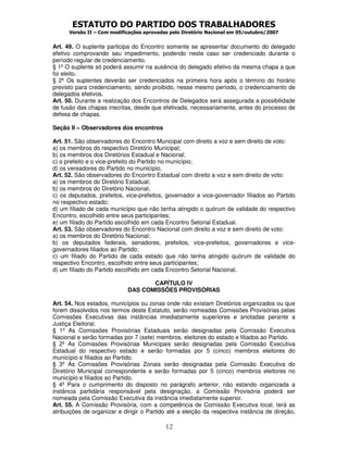 ESTATUTO DO PARTIDO DOS TRABALHADORES
      Versão II – Com modificações aprovadas pelo Diretório Nacional em 05/outubro/2007


Art. 49. O suplente participa do Encontro somente se apresentar documento do delegado
efetivo comprovando seu impedimento, podendo neste caso ser credenciado durante o
período regular de credenciamento.
§ 1º O suplente só poderá assumir na ausência do delegado efetivo da mesma chapa a que
foi eleito.
§ 2º Os suplentes deverão ser credenciados na primeira hora após o término do horário
previsto para credenciamento, sendo proibido, nesse mesmo período, o credenciamento de
delegados efetivos.
Art. 50. Durante a realização dos Encontros de Delegados será assegurada a possibilidade
de fusão das chapas inscritas, desde que efetivada, necessariamente, antes do processo de
defesa de chapas.

Seção II – Observadores dos encontros

Art. 51. São observadores do Encontro Municipal com direito a voz e sem direito de voto:
a) os membros do respectivo Diretório Municipal;
b) os membros dos Diretórios Estadual e Nacional;
c) o prefeito e o vice-prefeito do Partido no município;
d) os vereadores do Partido no município.
Art. 52. São observadores do Encontro Estadual com direito a voz e sem direito de voto:
a) os membros do Diretório Estadual;
b) os membros do Diretório Nacional;
c) os deputados, prefeitos, vice-prefeitos, governador e vice-governador filiados ao Partido
no respectivo estado;
d) um filiado de cada município que não tenha atingido o quórum de validade do respectivo
Encontro, escolhido entre seus participantes;
e) um filiado do Partido escolhido em cada Encontro Setorial Estadual.
Art. 53. São observadores do Encontro Nacional com direito a voz e sem direito de voto:
a) os membros do Diretório Nacional;
b) os deputados federais, senadores, prefeitos, vice-prefeitos, governadores e vice-
governadores filiados ao Partido;
c) um filiado do Partido de cada estado que não tenha atingido quórum de validade do
respectivo Encontro, escolhido entre seus participantes;
d) um filiado do Partido escolhido em cada Encontro Setorial Nacional.

                                    CAPÍTULO IV
                             DAS COMISSÕES PROVISÓRIAS

Art. 54. Nos estados, municípios ou zonas onde não existam Diretórios organizados ou que
forem dissolvidos nos termos deste Estatuto, serão nomeadas Comissões Provisórias pelas
Comissões Executivas das instâncias imediatamente superiores e anotadas perante a
Justiça Eleitoral.
§ 1º As Comissões Provisórias Estaduais serão designadas pela Comissão Executiva
Nacional e serão formadas por 7 (sete) membros, eleitores do estado e filiados ao Partido.
§ 2º As Comissões Provisórias Municipais serão designadas pela Comissão Executiva
Estadual do respectivo estado e serão formadas por 5 (cinco) membros eleitores do
município e filiados ao Partido.
§ 3º As Comissões Provisórias Zonais serão designadas pela Comissão Executiva do
Diretório Municipal correspondente e serão formadas por 5 (cinco) membros eleitores no
município e filiados ao Partido.
§ 4º Para o cumprimento do disposto no parágrafo anterior, não estando organizada a
instância partidária responsável pela designação, a Comissão Provisória poderá ser
nomeada pela Comissão Executiva da instância imediatamente superior.
Art. 55. A Comissão Provisória, com a competência de Comissão Executiva local, terá as
atribuições de organizar e dirigir o Partido até a eleição da respectiva instância de direção,

                                           12
 
