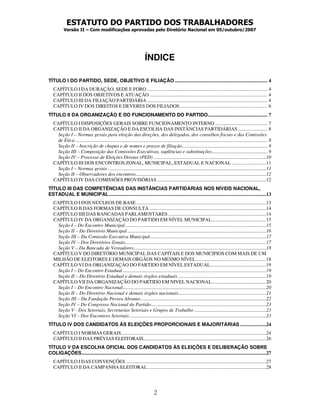 ESTATUTO DO PARTIDO DOS TRABALHADORES
           Versão II – Com modificações aprovadas pelo Diretório Nacional em 05/outubro/2007




                                                                         ÍNDICE

TÍTULO I DO PARTIDO, SEDE, OBJETIVO E FILIAÇÃO ........................................................................... 4
   CAPÍTULO I DA DURAÇÃO, SEDE E FORO ................................................................................................. 4
   CAPÍTULO II DOS OBJETIVOS E ATUAÇÃO ............................................................................................... 4
   CAPÍTULO III DA FILIAÇÃO PARTIDÁRIA ................................................................................................. 4
   CAPÍTULO IV DOS DIREITOS E DEVERES DOS FILIADOS....................................................................... 6
TÍTULO II DA ORGANIZAÇÃO E DO FUNCIONAMENTO DO PARTIDO................................................ 7
   CAPÍTULO I DISPOSIÇÕES GERAIS SOBRE FUNCIONAMENTO INTERNO .......................................... 7
   CAPÍTULO II DA ORGANIZAÇÃO E DA ESCOLHA DAS INSTÂNCIAS PARTIDÁRIAS ........................ 8
    Seção I – Normas gerais para eleição das direções, dos delegados, dos conselhos fiscais e das Comissões
    de Ética ........................................................................................................................................................... 8
    Seção II – Inscrição de chapas e de nomes e prazos de filiação..................................................................... 8
    Seção III – Composição das Comissões Executivas, suplências e substituições............................................. 9
    Seção IV – Processo de Eleições Diretas (PED) ...........................................................................................10
   CAPÍTULO III DOS ENCONTROS ZONAL, MUNICIPAL, ESTADUAL E NACIONAL ............................11
    Seção I – Normas gerais ................................................................................................................................11
    Seção II – Observadores dos encontros.........................................................................................................12
   CAPÍTULO IV DAS COMISSÕES PROVISÓRIAS ........................................................................................12
TÍTULO III DAS COMPETÊNCIAS DAS INSTÂNCIAS PARTIDÁRIAS NOS NÍVEIS NACIONAL,
ESTADUAL E MUNICIPAL ...............................................................................................................................13
   CAPÍTULO I DOS NÚCLEOS DE BASE.........................................................................................................13
   CAPÍTULO II DAS FORMAS DE CONSULTA ..............................................................................................14
   CAPÍTULO IIII DAS BANCADAS PARLAMENTARES ...............................................................................14
   CAPÍTULO IV DA ORGANIZAÇÃO DO PARTIDO EM NÍVEL MUNICIPAL............................................15
    Seção I – Do Encontro Municipal..................................................................................................................15
    Seção II – Do Diretório Municipal ................................................................................................................16
    Seção III – Da Comissão Executiva Municipal..............................................................................................17
    Seção IV – Dos Diretórios Zonais..................................................................................................................17
    Seção V – Da Bancada de Vereadores...........................................................................................................18
   CAPÍTULO V DO DIRETÓRIO MUNICIPAL DAS CAPITAIS E DOS MUNICIPIOS COM MAIS DE UM
   MILHÃO DE ELEITORES E DEMAIS ORGÃOS NO MESMO NÍVEL.........................................................18
   CAPÍTULO VI DA ORGANIZAÇÃO DO PARTIDO EM NÍVEL ESTADUAL.............................................19
    Seção I – Do Encontro Estadual ....................................................................................................................19
    Seção II – Do Diretório Estadual e demais órgãos estaduais .......................................................................19
   CAPÍTULO VII DA ORGANIZAÇÃO DO PARTIDO EM NIVEL NACIONAL............................................20
    Seção I – Do Encontro Nacional....................................................................................................................20
    Seção II – Do Diretório Nacional e demais órgãos nacionais.......................................................................21
    Seção III – Da Fundação Perseu Abramo .....................................................................................................22
    Seção IV – Do Congresso Nacional do Partido.............................................................................................23
    Seção V - Dos Setoriais, Secretarias Setoriais e Grupos de Trabalho ..........................................................23
    Seção VI – Dos Encontros Setoriais ..............................................................................................................23
TÍTULO IV DOS CANDIDATOS ÀS ELEIÇÕES PROPORCIONAIS E MAJORITÁRIAS .....................24
   CAPÍTULO I NORMAS GERAIS.....................................................................................................................24
   CAPÍTULO II DAS PRÉVIAS ELEITORAIS...................................................................................................26
TÍTULO V DA ESCOLHA OFICIAL DOS CANDIDATOS ÀS ELEIÇÕES E DELIBERAÇÃO SOBRE
COLIGAÇÕES.....................................................................................................................................................27
   CAPÍTULO I DAS CONVENÇÕES .................................................................................................................27
   CAPÍTULO II DA CAMPANHA ELEITORAL................................................................................................28




                                                                                2
 