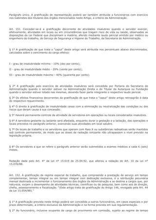Parágrafo único. A gratificação de representação poderá ser também atribuída a funcionários com exercício 
nos Gabinetes dos titulares dos órgãos mencionados neste Artigo, a critério da Administração. 
Art. 151. Conceder-se-á a gratificação decorrente de atividades insalubres quando o servidor exercer, 
efetivamente, atividades em locais ou em circunstâncias que tragam risco de vida ou saúde, observadas as 
disposições da Lei Federal que disciplinam a matéria, aferido mediante laudo pericial emitido por médico ou 
engenheiro do trabalho, do Serviço de Segurança e Higiene do Trabalho, da Secretaria de Administração. 
§ 1° A gratificação de que trata o “caput” deste artigo será atribuída nos percentuais abaixo discriminados, 
calculados sobre o vencimento do cargo efetivo: 
I - grau de insalubridade mínimo - 10% (dez por cento); 
II - grau de insalubridade médio - 20% (vente por cento); 
III - grau de insalubridade máximo - 40% (quarenta por cento). 
§ 2° A gratificação pelo exercício de atividades insalubres será concedida por Portaria do Secretario de 
Administração quando o servidor estiver na Administração Direta e do Titular da Autarquia ou Fundação 
quando o servidor estiver lotado nas mesmas, devendo fazer parte integrante o respectivo laudo pericial. 
§ 3º Os efeitos financeiros decorrentes da gratificação de que trata o “caput” deste artigo retroagirão à data 
do respectivo requerimento. 
§ 4° O direito à gratificação de insalubridade cessa com a eliminação ou neutralização das condições ou dos 
riscos que deram causa à sua concessão. 
§ 5° Haverá permanente controle da atividade de servidores em operações ou locais considerados insalubres. 
§ 6º A servidora gestante ou lactante será afastada, enquanto durar a gestação e a lactação, das operações e 
locais previstos no parágrafo anterior, exercendo suas atividades em local salubre. 
§ 7º Os locais de trabalho e os servidores que operam com Raio X ou substâncias radioativas serão mantidos 
sob controle permanente, de modo que as doses de radiação ionizante não ultrapassem o nível previsto na 
legislação própria. 
§ 8° Os servidores a que se refere o parágrafo anterior serão submetidos a exames médicos a cada 6 (seis) 
meses. 
Redação dada pelo Art. 4° da Lei nº 15.619 de 25.04.92, que alterou a redação do Art. 10 da Lei nº 
15.076/88. 
Art. 152. A gratificação de regime especial de trabalho, que compreende a prestação de serviço em tempo 
complementar, tempo integral ou em tempo integral com dedicação exclusiva, é a retribuição pecuniária 
mensal destinada a incrementar o funcionamento dos órgãos da Administração e se destina a cargos que, por 
natureza, exijam o desempenho de atividades técnicas, científicas ou de pesquisa, bem como aos de direção, 
chefia, assessoramento e fiscalização. “(Este artigo trata de gratificação do Artigo 146, revogado pela Art. 44 
da Lei 15.054/88).” 
§ 1° A gratificação prevista neste Artigo poderá ser concedida a outros funcionários, em casos especiais e por 
prazo determinado, a critério exclusivo da Administração e na forma prevista em sua regulamentação. 
§ 2° Ao funcionário, inclusive ocupante de cargo de provimento em comissão, sujeito ao regime de tempo 
 