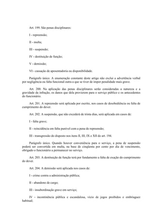Art. 199. São penas disciplinares: 
I - repreensão; 
II - multa; 
III - suspensão; 
IV - destituição de função; 
V - demissão; 
VI - cassação de aposentadoria ou disponibilidade. 
Parágrafo único. A enumeração constante deste artigo não exclui a advertência verbal 
por negligência ou falta funcional outra a que se tiver de impor penalidade mais grave. 
Art. 200. Na aplicação das penas disciplinares serão consideradas a natureza e a 
gravidade da infração, os danos que dela provierem para o serviço público e os antecedentes 
do funcionário. 
Art. 201. A repreensão será aplicada por escrito, nos casos de desobediência ou falta de 
cumprimento do dever. 
Art. 202. A suspensão, que não excederá de trinta dias, será aplicada em casos de: 
I - falta grave; 
II - reincidência em falta punível com a pena de repreensão; 
III - transgressão do disposto nos itens II, III, IX e XII do art. 194. 
Parágrafo único. Quando houver conveniência para o serviço, a pena de suspensão 
poderá ser convertida em multa, na base de cinqüenta por cento por dia de vencimento, 
obrigado o funcionário a permanecer no serviço. 
Art. 203. A destituição de função terá por fundamento a falta de exação do cumprimento 
do dever. 
Art. 204. A demissão será aplicada nos casos de: 
I - crime contra a administração pública; 
II - abandono de cargo; 
III - insubordinação grave em serviço; 
IV - incontinência pública e escandalosa, vício de jogos proibidos e embriaguez 
habitual; 
 