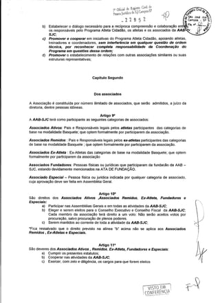 _..__ ._ ...._.__._._ .._-~----
b)
SJC;
c) Promover e cooperar em iniciativas do Programa Atleta Cidadão, apoiando atletas,
treinadores e coordenadores, sem interferência em qualquer questão de ordem
técnica, por reconhecer completa responsabílidade da Coordenação do
Programa em questões dessa ordem;
d) Promover o estabelecimento de relações com outras associações similares ou suas
estruturas representativas;
Capítulo Segundo
Dos associados
A Associação é constituída por número ilimitado de associados, que serão admitidos, a juizo da
diretoria, dentre pessoas idôneas.
Artigo 9°
A AAB-SJC terá como participante as seguintes categorias de associados:
Associados Ativos: Pais e Responsáveis legais pelos atletas participantes das categorias de
base na modalidade Basquete; que optem formalmente por participarem da associação.
Associados Remidos: Pais e Responsáveis legais pelos ex-atletas participantes das categorias
de base na modalidade Basquete; que optem formalmente por participarem da associação.
Associados Ex-Atleta : Ex-Atletas das categorias de base na modalidade Basquete; que optem
formalmente por participarem da associação
Associados Fundadores: Pessoas físicas ou jurídicas que participaram da fundacão da AAB -
SJC, estando devidamente mencionados na ATA DE FUNDAÇÃO.
Associado Especial - Pessoa fisica ou juridica indicada por qualquer categoria de associado,
cuja aprovação deve ser feita em Assembléia Geral.
Artigo 10°
São direitos dos Associados Ativos ,Associados Remidos, Ex-Atleta, Fundadores e
Especiais:
a) Participar nas Assembléias Gerais e em todas as atividades da AAB-SJC;
b) Eleger e serem eleitos para o Conselho Executivo e Conselho Fiscal da AAB-SJC;
Cada membro da associação terá direito a um voto. Não serão aceitos votos por
procuração, salvo procuração de plenos poderes.
c) Serem mantidos ao corrente de toda a atividade da AAB-SJC;
*Fica ressalvado que o direito previsto na alínea "b" acima não se aplica aos Associados
Remidos. Ex-Atletas e Especiais.
'~

!
I
/
Artigo 11°
São deveres dos Associados Ativos, Remidos, Ex-Atleta, Fundadores e Especiais:
a) Cumprir os presentes estatutos;
b) Cooperar nas atividades da AAB-SJC;
c) Exercer, com zelo e diligência, os cargos para que forem eleitos
___-----k,
-- r:M', VISTO ~c _ .
'íONfERH~ÇJ~ .. ~---~,..._•.....•.-_..
 