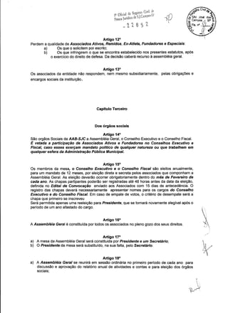 · d R istro Civil ele
2 Oflnal, e dCgSl Campos-SP lr!l,~:,n..
Pessoa Jundlca e .' .-:,!!.)
~21852 
Artigo 12°
Perdem a qualidade de Associados Ativos, Remidos, Ex-Atleta, Fundadores e Especiais:
a) Os que o solicitem por escrito;
b) Os que infringirem o que se encontra estabelecido nos presentes estatutos, após
o exercício do direito de defesa. Da decisão caberá recurso à assembléia geral.
Artigo 13°
Os associados da entidade não respondem, nem mesmo subsidiariamente, pelas obrigações e
encargos sociais da instituição.
Capítulo Terceiro
Dos órgãos sociais
Artigo 14°
São orgãos Sociais da AAB-SJC a Assembléia Geral, o Conselho Executivo e o Conselho Fiscal.
É vetada a participação de Associados Ativos e Fundadores no Conselhos Executivo e
Fiscal, caso esses exerçam mandato politico de qualquer natureza ou que trabalhem em
qualquer esfera da Administração Pública Municipal.
Artigo 15°
Os membros da mesa, o Conselho Executivo e o Conselho Fiscal são eleitos anualmente,
para um mandato de 12 meses, por eleição direta e secreta pelos associados que componham a
Assembléia Geral. As eleição deverão ocorrer obrigatoriamente dentro do mês de Fevereiro de
cada ano. As chapas partipantes poderão ser registradas até 48 horas antes da data da eleição,
definida no Edital de Convocação enviado aos Associados com 15 dias de antecedência. O
registro das chapas deverá necessariamente apresentar nomes para os cargos do Conselho
Executivo e do Conselho Fiscal. Em caso de empate de votos, o critério de desempate será a
chapa que primeiro se inscreveu
Será permitida apenas uma reeleição para Presidente, que se tornará novamente elegível após o
período de um ano afastado do cargo.
Artigo 16°
A Assembléia Geral é constituída por todos os associados no pleno gozo dos seus direitos.
Artigo 17°
a) A mesa da Assembléia Geral será constituida por Presidente e um Secretário;
b) O Presidente da mesa será substituído, na sua falta, pelo Secretário.
Artigo 18°
a) A Assembléia Geral se reunirá em sessão ordinária no primeiro período de cada ano para
discussão e aprovação do relatório anual de atividades e contas e para eleição dos órgãos
sociais;
~.•..:
IA
 