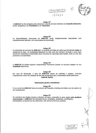 F Oficial de Registro Civil de
n~ssoa Jurídica de S.).Campos·SP
Artigo 31°
A AAB-SJC só fica obrigada pela assinatura conjunta de dois membros do Conselho Executivo,
sendo obrigatória a do Presidente ou do Tesoureiro.
Artigo 32°
As disponibilidades financeiras da AAB-SJC serão obrigatoriamente depositadas num
estabelecimento bancário, em conta própria da associação.
Artigo 33°
As aplicações de recursos da AAB-SJC, só poderão ser feitas em ações que beneficiem todas as
categorias de base na modalidade Basquete em São Jose dos Campos. Exceção a essa regra
deverá ser submetida à Assembléia Geral, devendo ser aprovado pela metade, mais um voto dos
presentes na Assembléia.
Artigo 34°
A AAB-SJC só poderá assumir compromissos financeiros quando os recursos estejam na sua
totalidade disponíveis.
Artigo 35°
Em caso de dissolução, o ativo da AAB-SJC depois de satisfeito o passivo, reverterá
integralmente a favor de entidade de fins não econômicos que a Assembléia Geral determinar.
Capítulo Quinto
Disposições gerais e transitórias
Artigo 36°
O ano social da AAB-SJC inicia em primeiro de Fevereiro e termina em trinta eum de Janeiro do
ano subsequente.
Artigo 37°
Os membros dos Orgãos Sociais e Núcleos de apoio, exercerão os seus cargos sem qualquer
remuneração. A ABB-SJC não distribuirá lucros, resultados, dividendos, bonificações,
participações ou parcela de seu patrimônio, sob nenhuma forma ou pretexto.
/
 