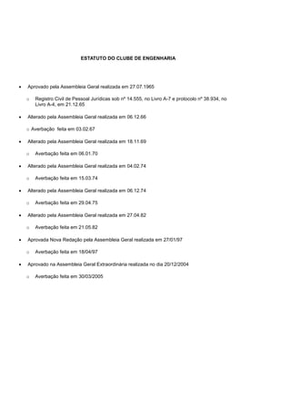 ESTATUTO DO CLUBE DE ENGENHARIA




   Aprovado pela Assembleia Geral realizada em 27.07.1965

    o   Registro Civil de Pessoal Jurídicas sob nº 14.555, no Livro A-7 e protocolo nº 38.934, no
        Livro A-4, em 21.12.65

   Alterado pela Assembleia Geral realizada em 06.12.66

    o Averbação feita em 03.02.67

   Alterado pela Assembleia Geral realizada em 18.11.69

    o   Averbação feita em 06.01.70

   Alterado pela Assembleia Geral realizada em 04.02.74

    o   Averbação feita em 15.03.74

   Alterado pela Assembleia Geral realizada em 06.12.74

    o   Averbação feita em 29.04.75

   Alterado pela Assembleia Geral realizada em 27.04.82

    o   Averbação feita em 21.05.82

   Aprovada Nova Redação pela Assembleia Geral realizada em 27/01/97

    o   Averbação feita em 18/04/97

   Aprovado na Assembleia Geral Extraordinária realizada no dia 20/12/2004

    o   Averbação feita em 30/03/2005
 